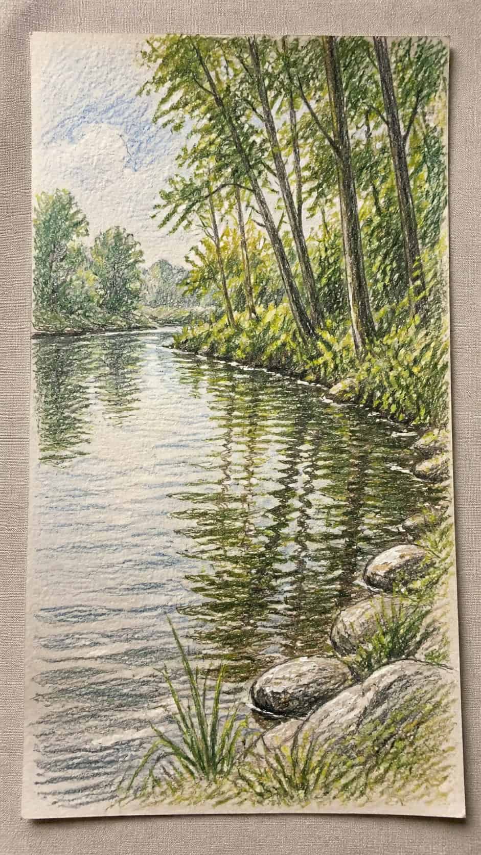 15 Landscape Drawing Ideas Worth Trying 33 Hand-drawn peaceful riverbank in colored-pencil and gouache drawing on textured paper, shown in a slightly off-center overhead — study 3