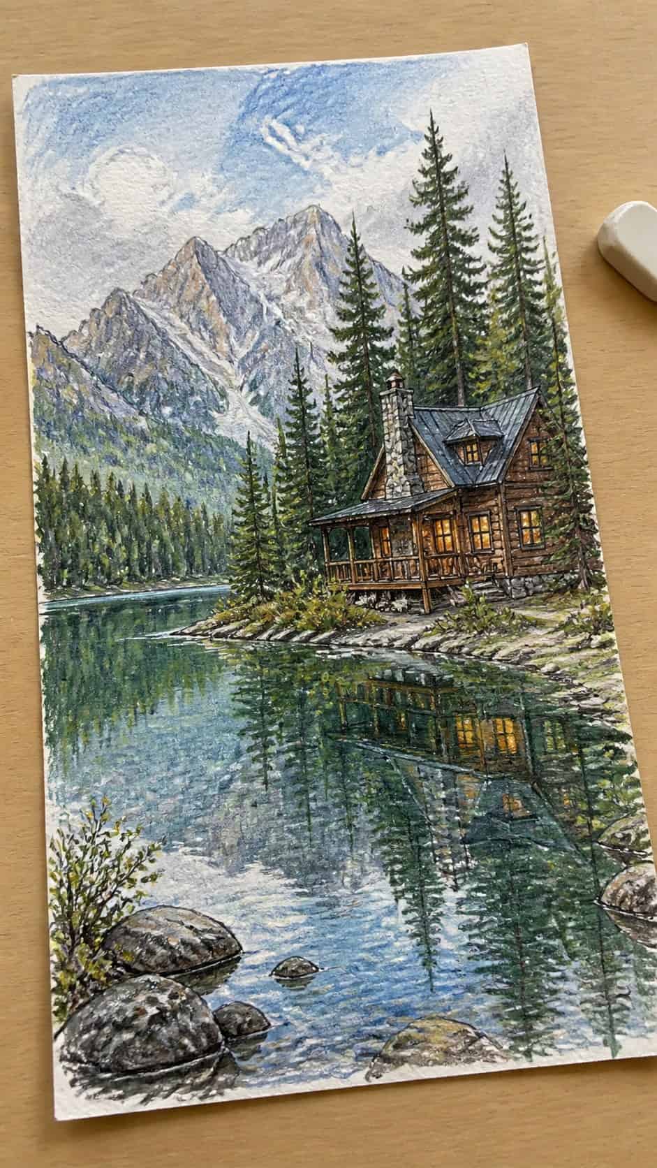 15 Landscape Drawing Ideas Worth Trying 35 Hand-drawn mountain lake cabin in colored-pencil and gouache drawing on textured paper, shown in a gentle oblique desk view that shows — study 2
