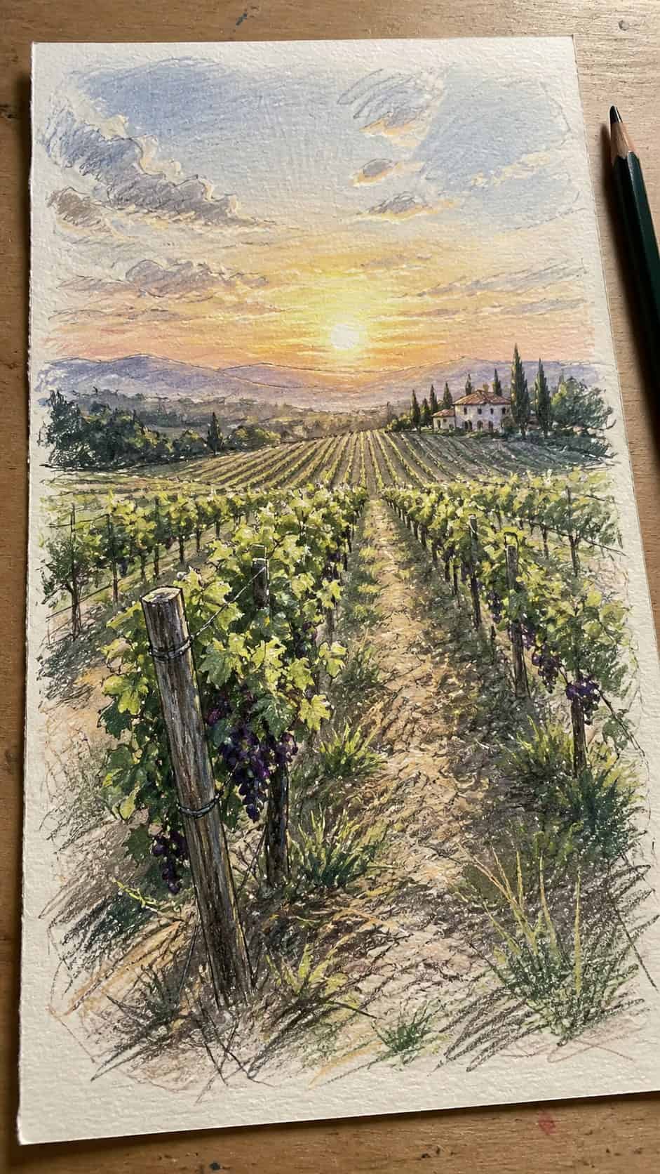 15 Landscape Drawing Ideas Worth Trying 36 Hand-drawn vineyard at sunrise in colored-pencil and gouache drawing on textured paper, shown in a gentle oblique desk view that shows — study 1