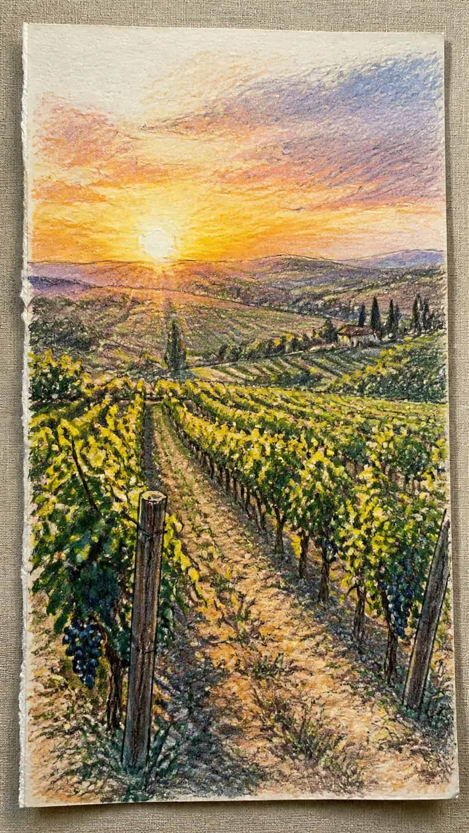15 Landscape Drawing Ideas Worth Trying 37 Hand-drawn vineyard at sunrise in colored-pencil and gouache drawing on textured paper, shown in a close overhead crop — study 2