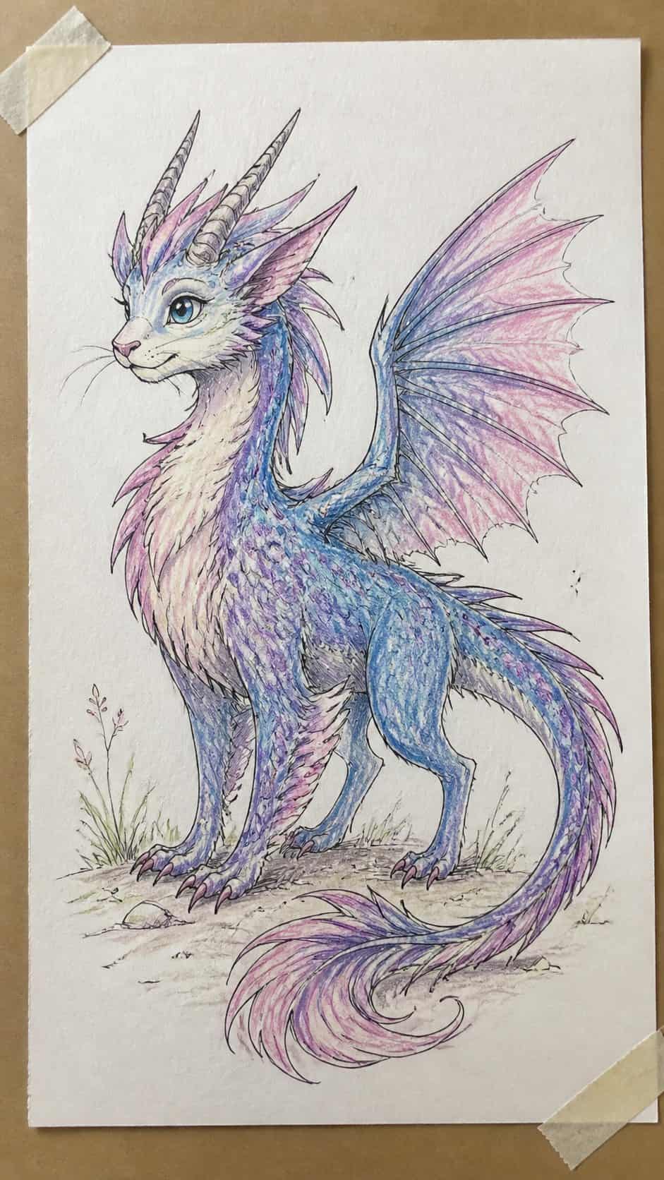 Discover the 15 Drawing Ideas Guaranteed to Unlock Your Child's Inner Picasso 2 Hand-drawn magical creatures in colored-pencil drawing on textured paper, shown in a straight overhead view — study 1