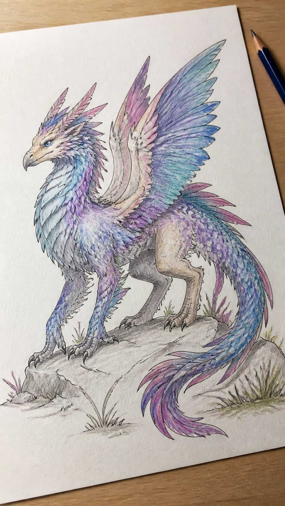 Discover the 15 Drawing Ideas Guaranteed to Unlock Your Child's Inner Picasso 3 Hand-drawn magical creatures in colored-pencil drawing on textured paper, shown in a gentle oblique desk view that shows paper tooth — study 2