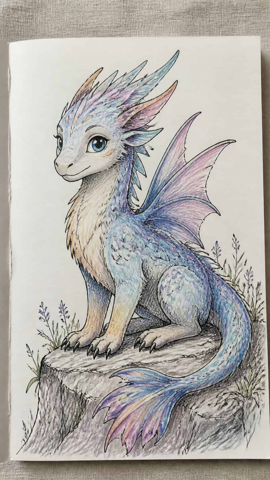 Discover the 15 Drawing Ideas Guaranteed to Unlock Your Child's Inner Picasso 4 Hand-drawn magical creatures in colored-pencil drawing on textured paper, shown in a close overhead crop — study 3