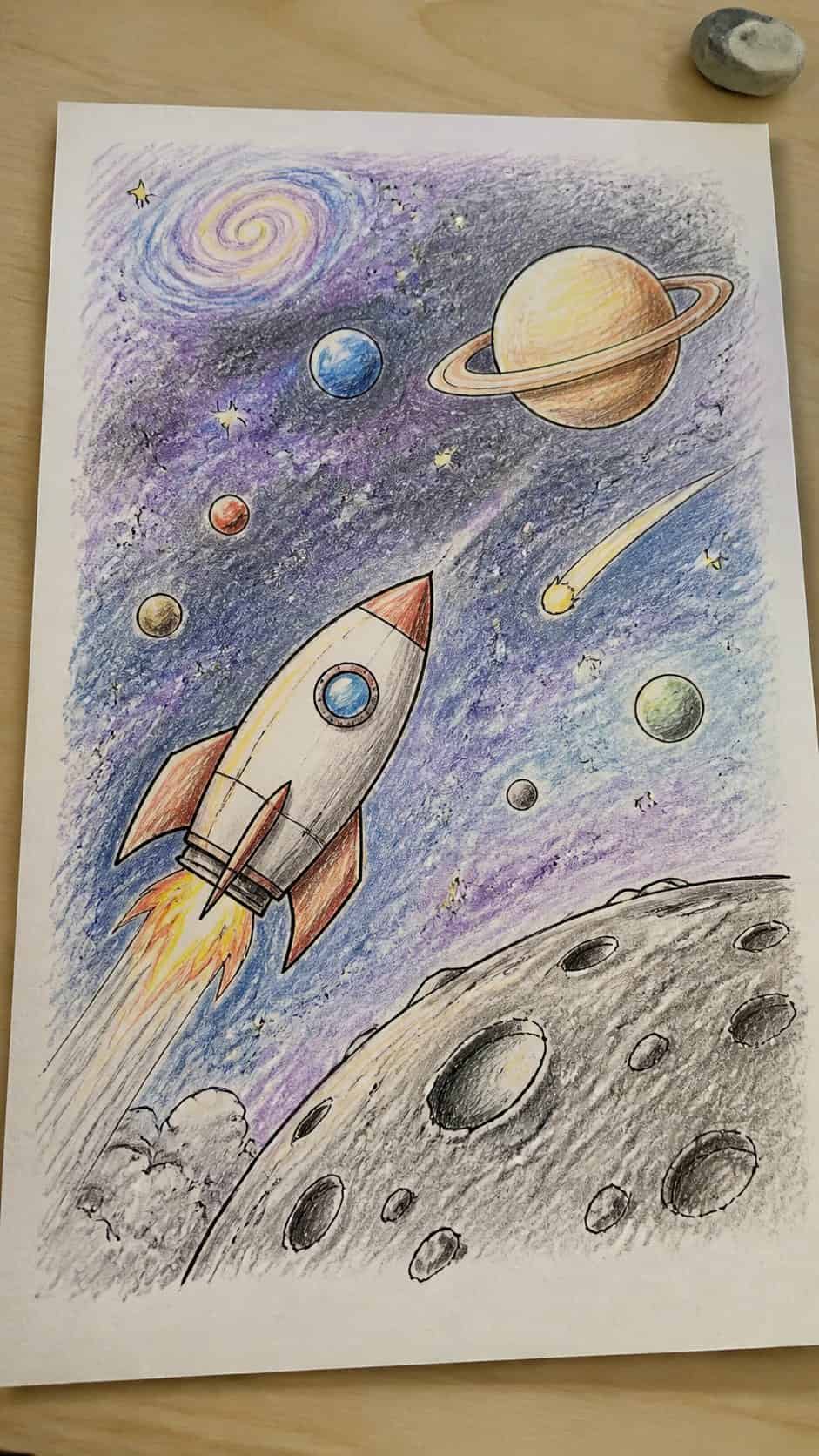 Discover the 15 Drawing Ideas Guaranteed to Unlock Your Child's Inner Picasso 6 Hand-drawn space adventures in colored-pencil drawing on textured paper, shown in a slightly off-center overhead composition, like an — study 2