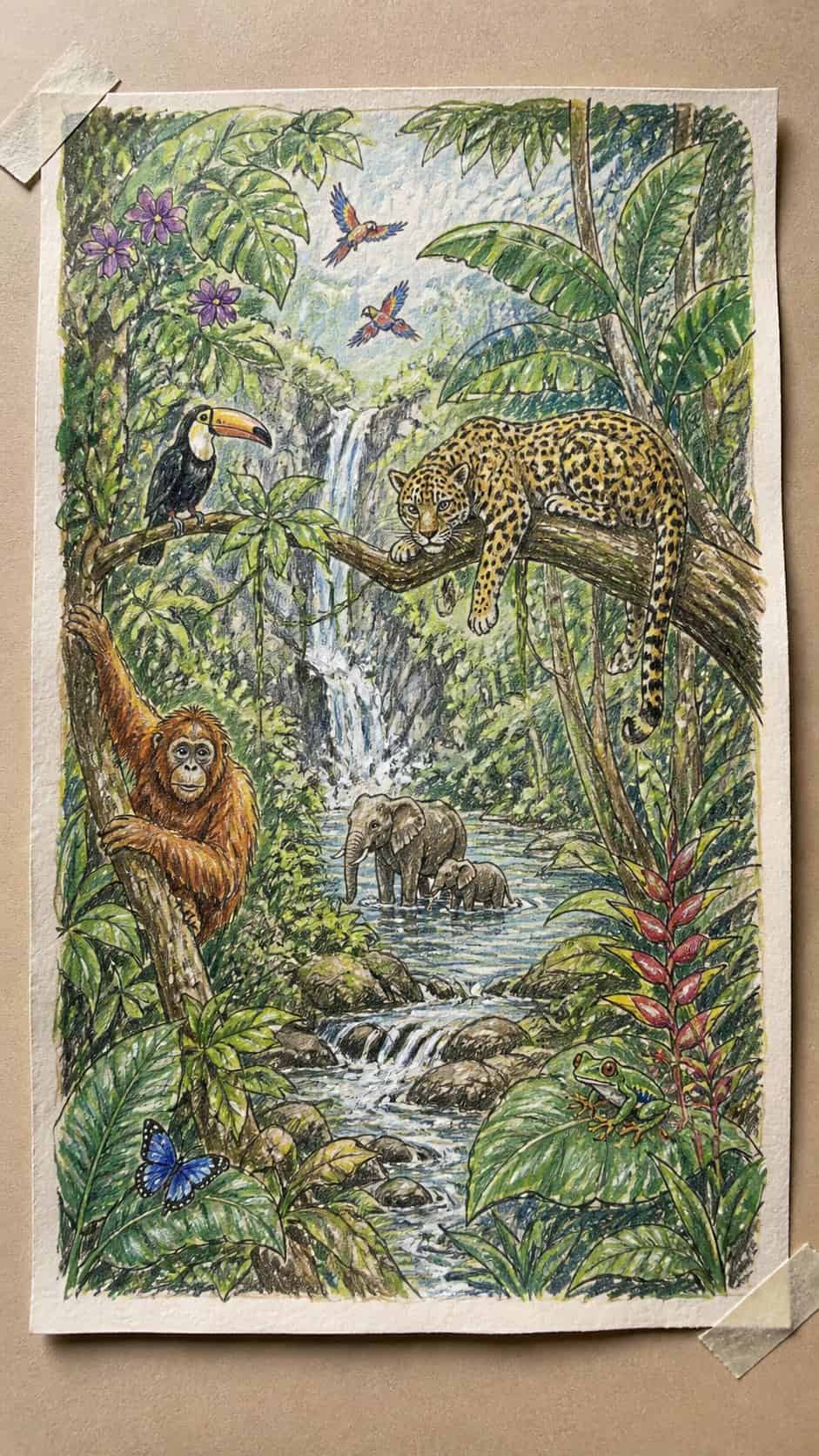 Discover the 15 Drawing Ideas Guaranteed to Unlock Your Child's Inner Picasso 9 Hand-drawn wild jungle scene in colored-pencil and gouache drawing on textured paper, shown in a straight overhead view — study 1