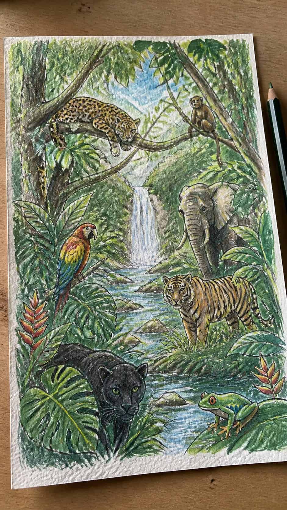 Discover the 15 Drawing Ideas Guaranteed to Unlock Your Child's Inner Picasso 10 Hand-drawn wild jungle scene in colored-pencil and gouache drawing on textured paper, shown in a gentle oblique desk view that shows — study 2