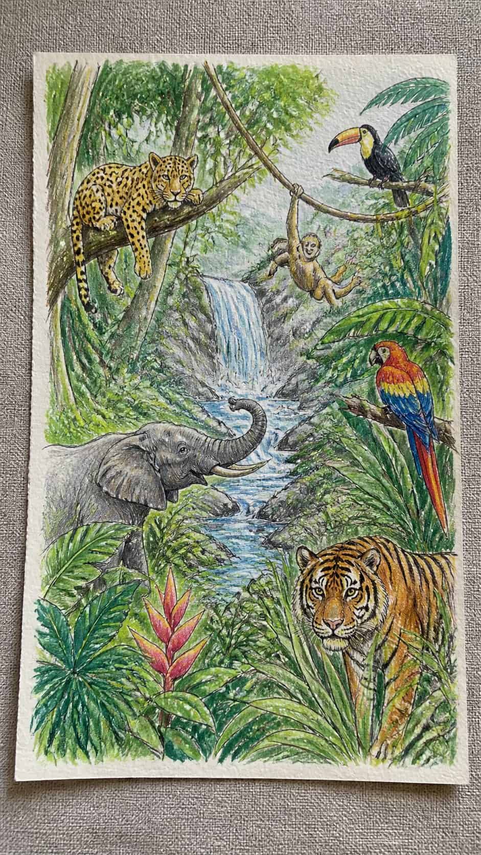 Discover the 15 Drawing Ideas Guaranteed to Unlock Your Child's Inner Picasso 11 Hand-drawn wild jungle scene in colored-pencil and gouache drawing on textured paper, shown in a close overhead crop — study 3