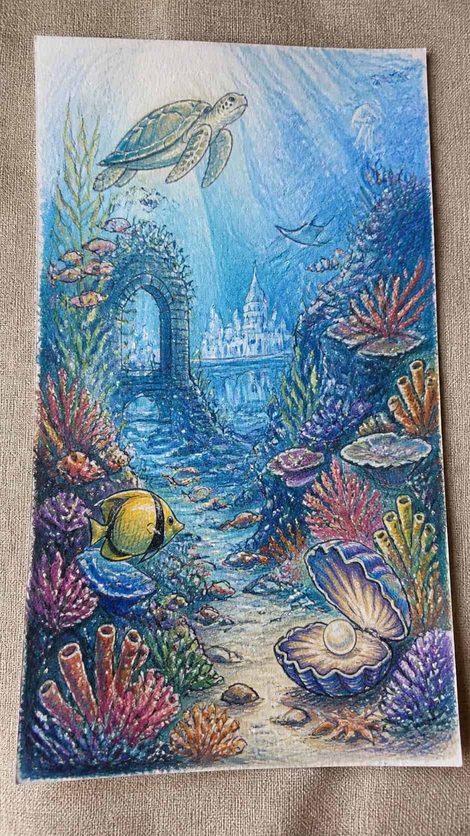 Discover the 15 Drawing Ideas Guaranteed to Unlock Your Child's Inner Picasso 12 Hand-drawn underwater wonderland in colored-pencil and gouache drawing on textured paper, shown in a slightly off-center overhead — study 1