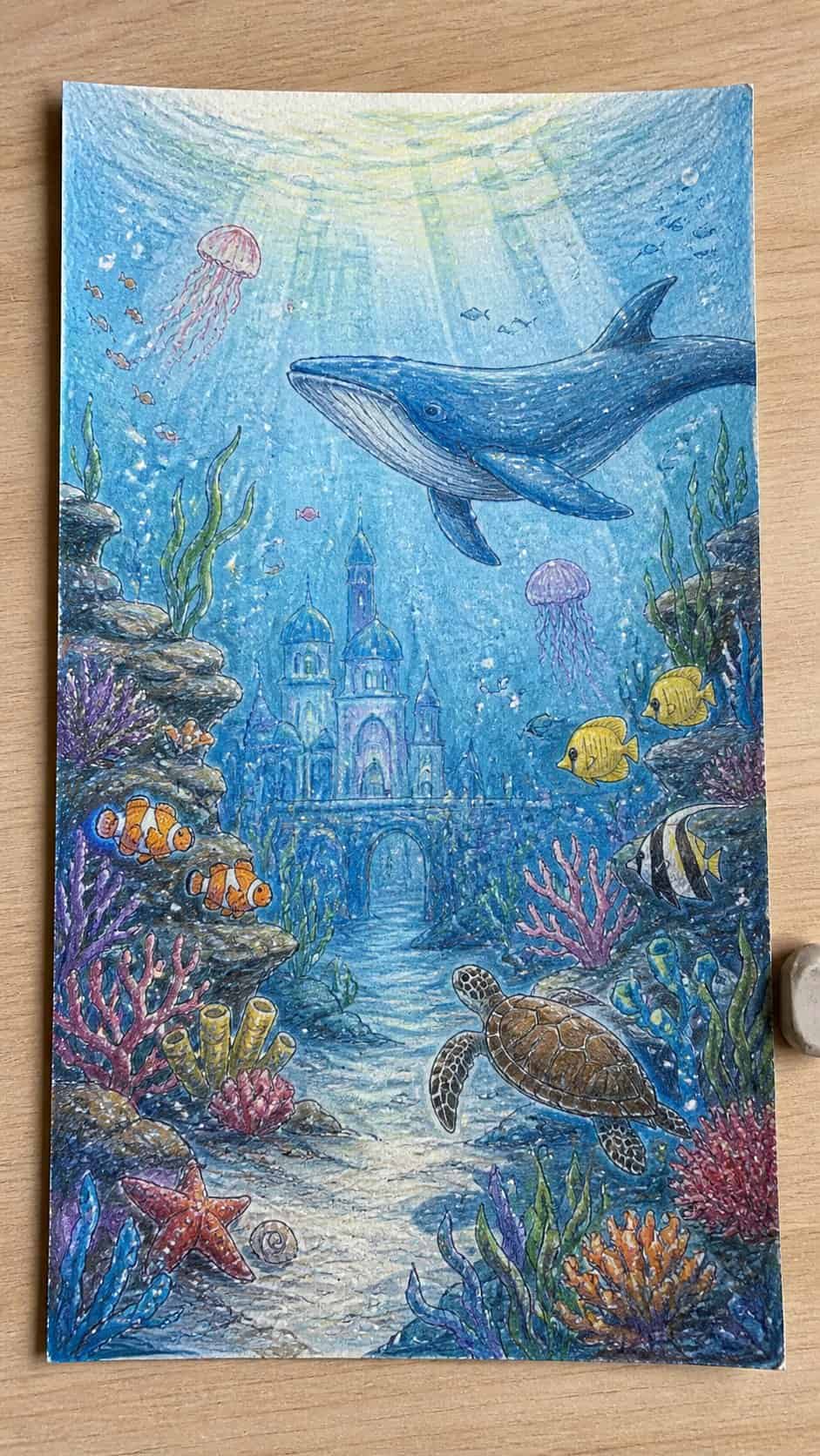 Discover the 15 Drawing Ideas Guaranteed to Unlock Your Child's Inner Picasso 13 Hand-drawn underwater wonderland in colored-pencil and gouache drawing on textured paper, shown in a straight overhead view — study 2