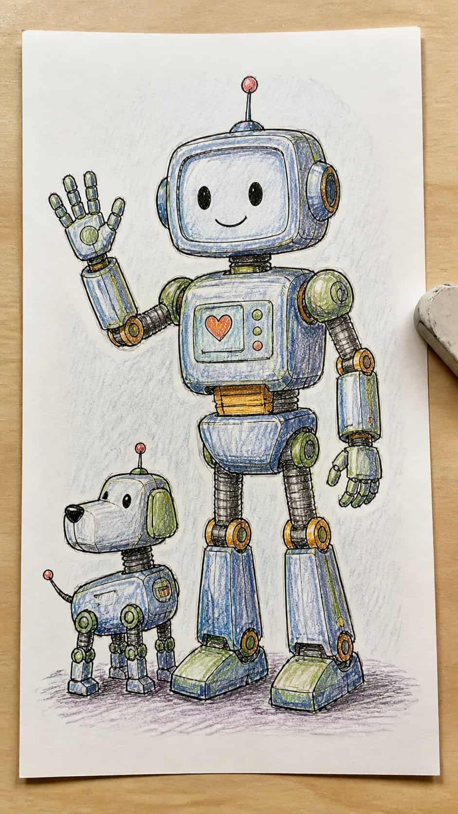 Discover the 15 Drawing Ideas Guaranteed to Unlock Your Child's Inner Picasso 19 Hand-drawn robot friends in colored-pencil drawing on textured paper, shown in a straight overhead view — study 1