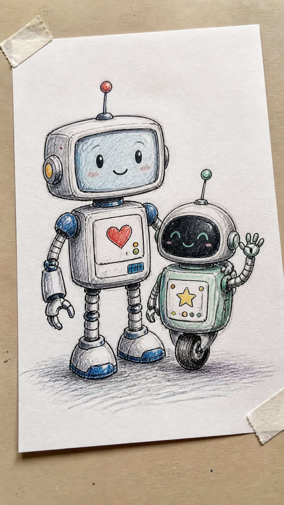 Discover the 15 Drawing Ideas Guaranteed to Unlock Your Child's Inner Picasso 20 Hand-drawn robot friends in colored-pencil drawing on textured paper, shown in a gentle oblique desk view that shows paper tooth and — study 2