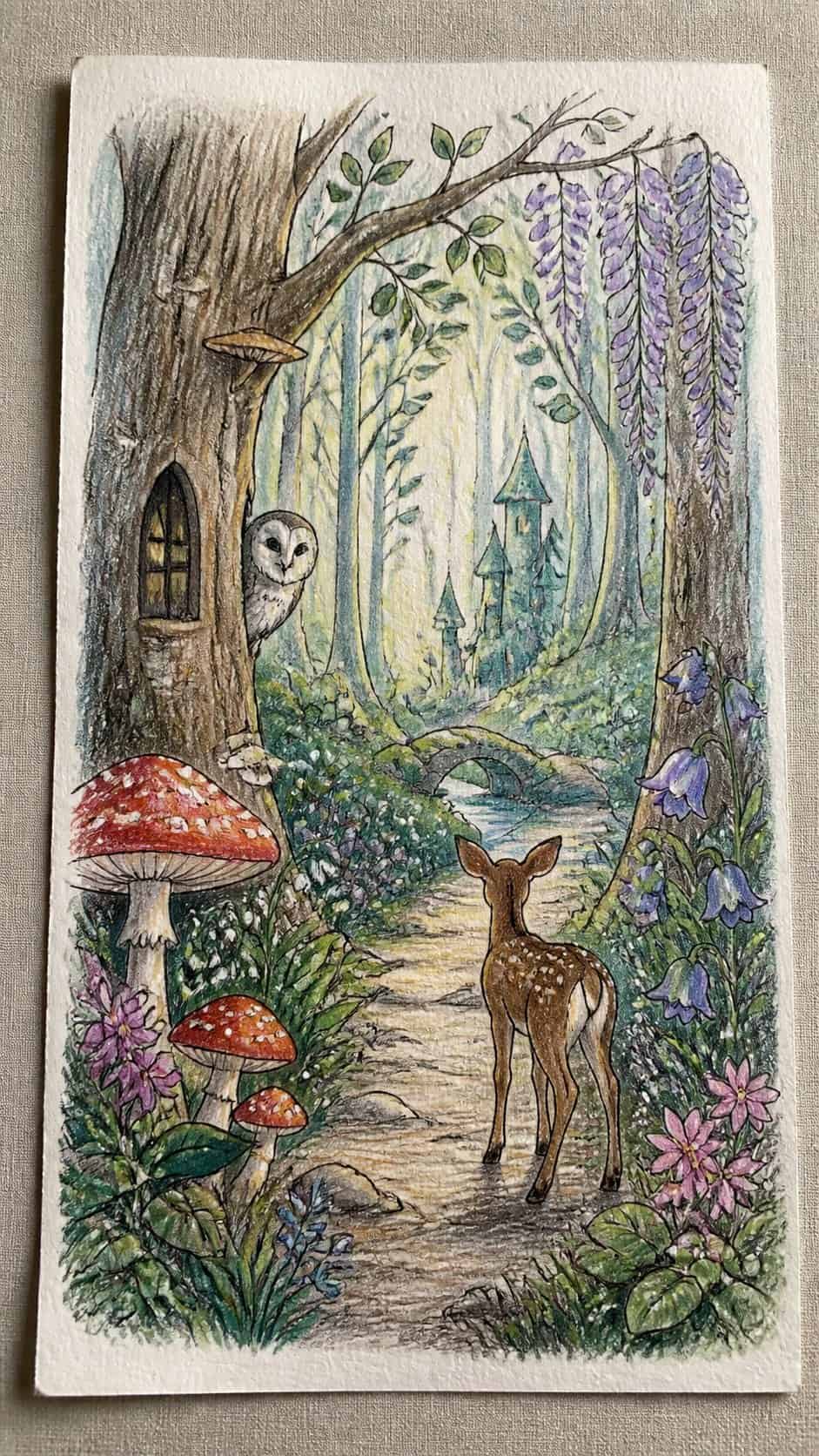 Discover the 15 Drawing Ideas Guaranteed to Unlock Your Child's Inner Picasso 21 Hand-drawn enchanted forest in colored-pencil and gouache drawing on textured paper, shown in a close overhead crop — study 1