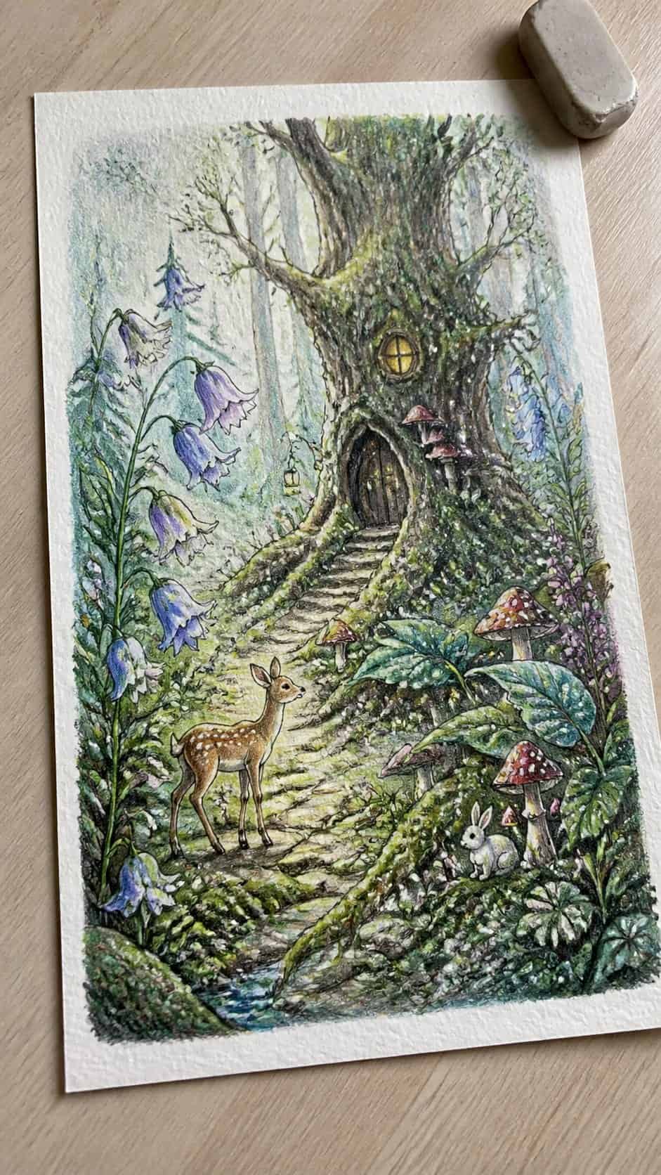 Discover the 15 Drawing Ideas Guaranteed to Unlock Your Child's Inner Picasso 22 Hand-drawn enchanted forest in colored-pencil and gouache drawing on textured paper, shown in a slightly off-center overhead — study 2
