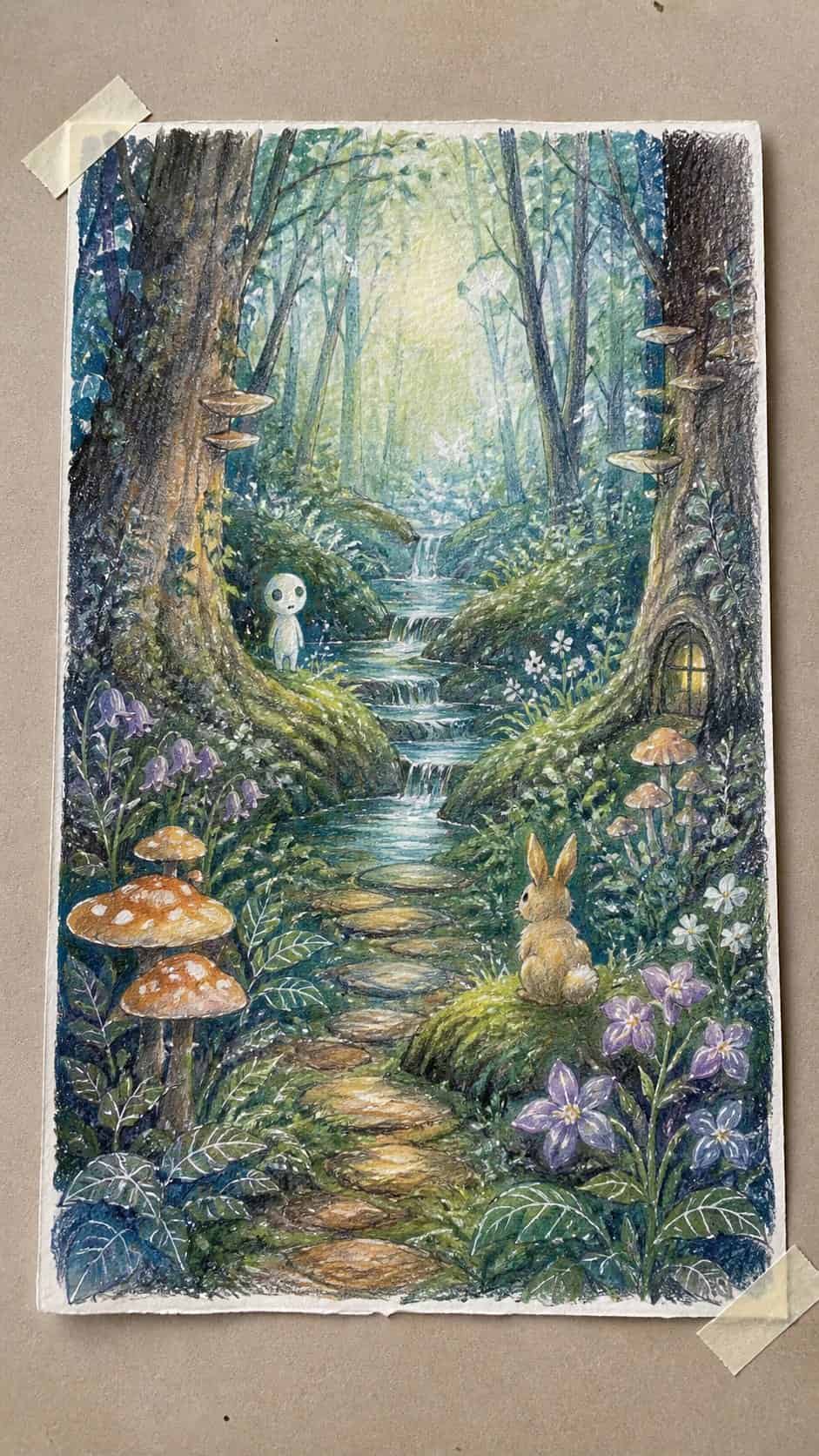 Discover the 15 Drawing Ideas Guaranteed to Unlock Your Child's Inner Picasso 23 Hand-drawn enchanted forest in colored-pencil and gouache drawing on textured paper, shown in a straight overhead view — study 3