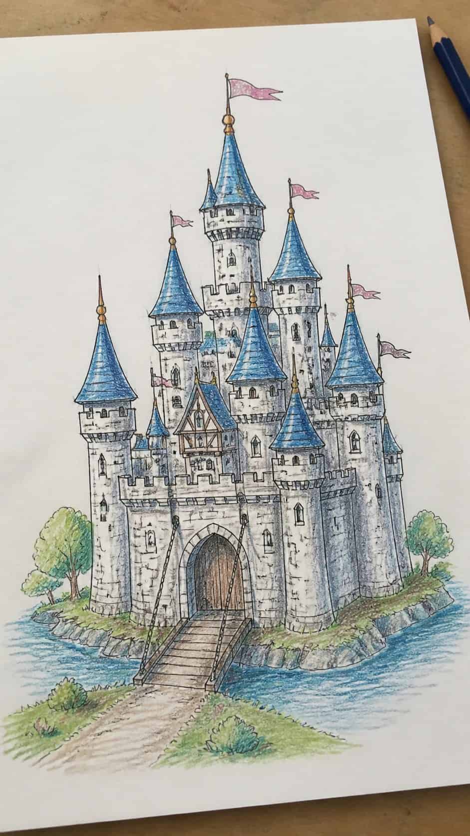 Discover the 15 Drawing Ideas Guaranteed to Unlock Your Child's Inner Picasso 25 Hand-drawn fairytale castle in colored-pencil drawing on textured paper, shown in a slightly off-center overhead composition, like an — study 2