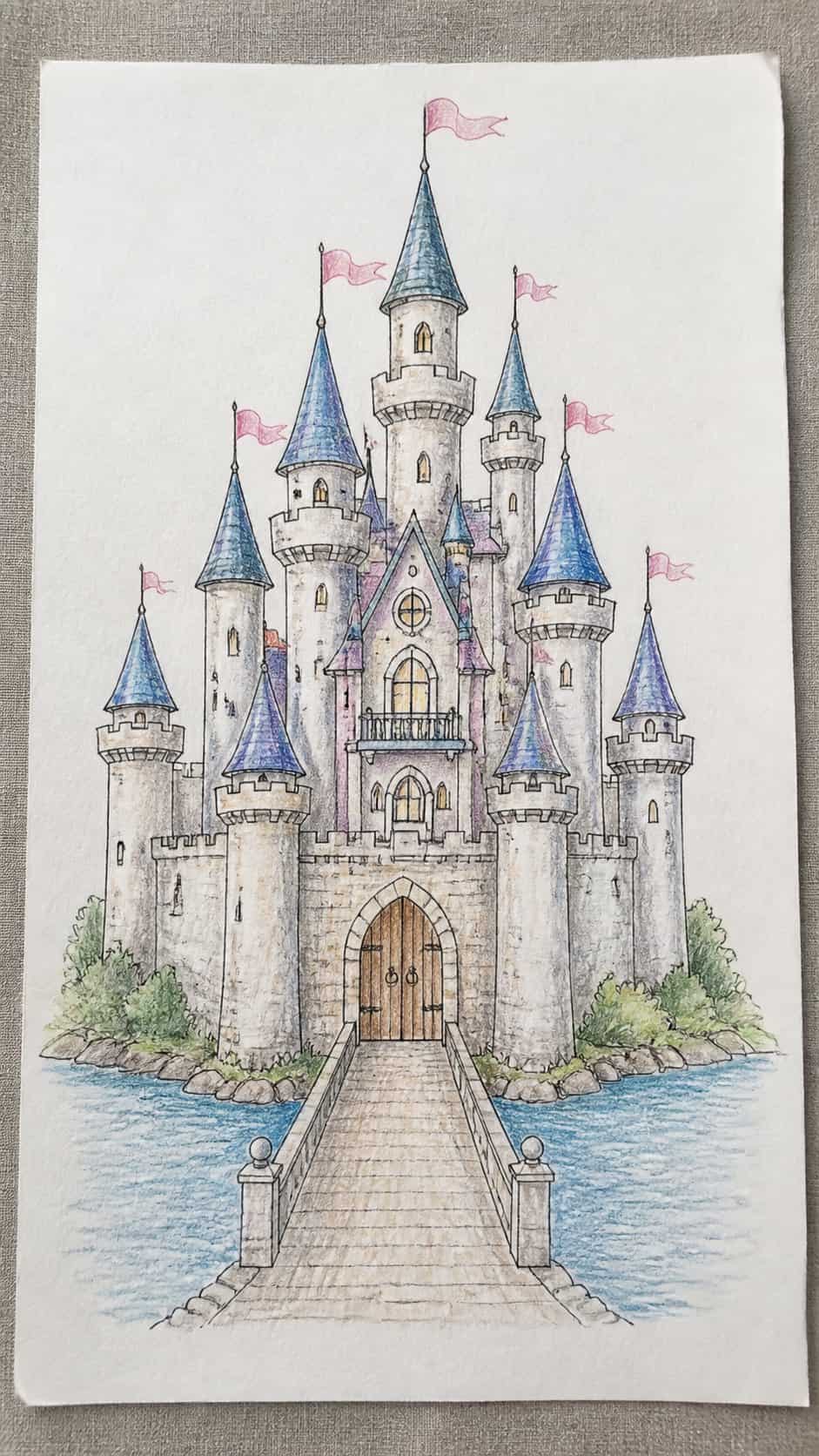 Discover the 15 Drawing Ideas Guaranteed to Unlock Your Child's Inner Picasso 26 Hand-drawn fairytale castle in colored-pencil drawing on textured paper, shown in a straight overhead view — study 3