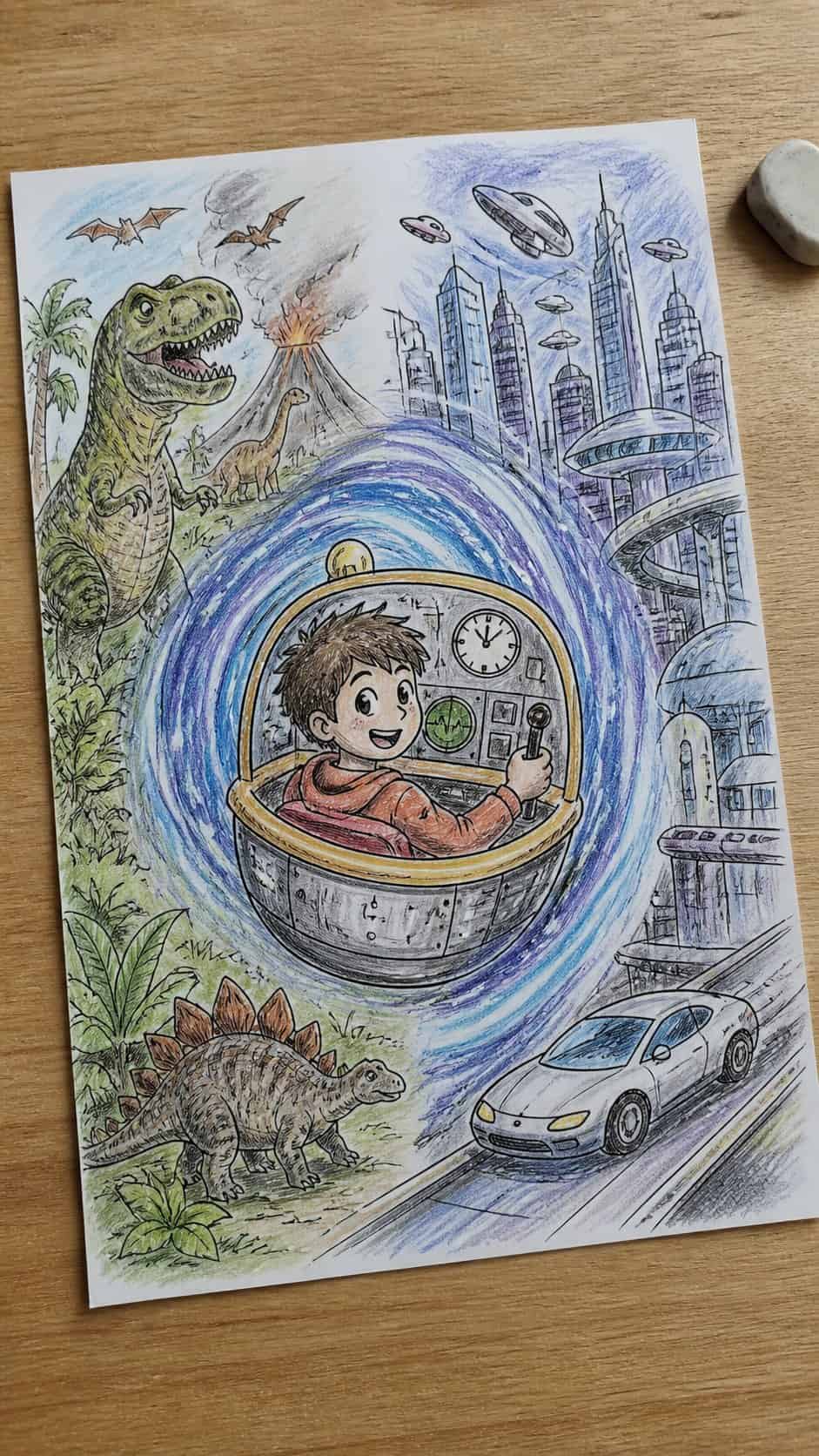 Discover the 15 Drawing Ideas Guaranteed to Unlock Your Child's Inner Picasso 27 Hand-drawn time-traveling adventure in colored-pencil drawing on textured paper, shown in a slightly off-center overhead composition — study 1