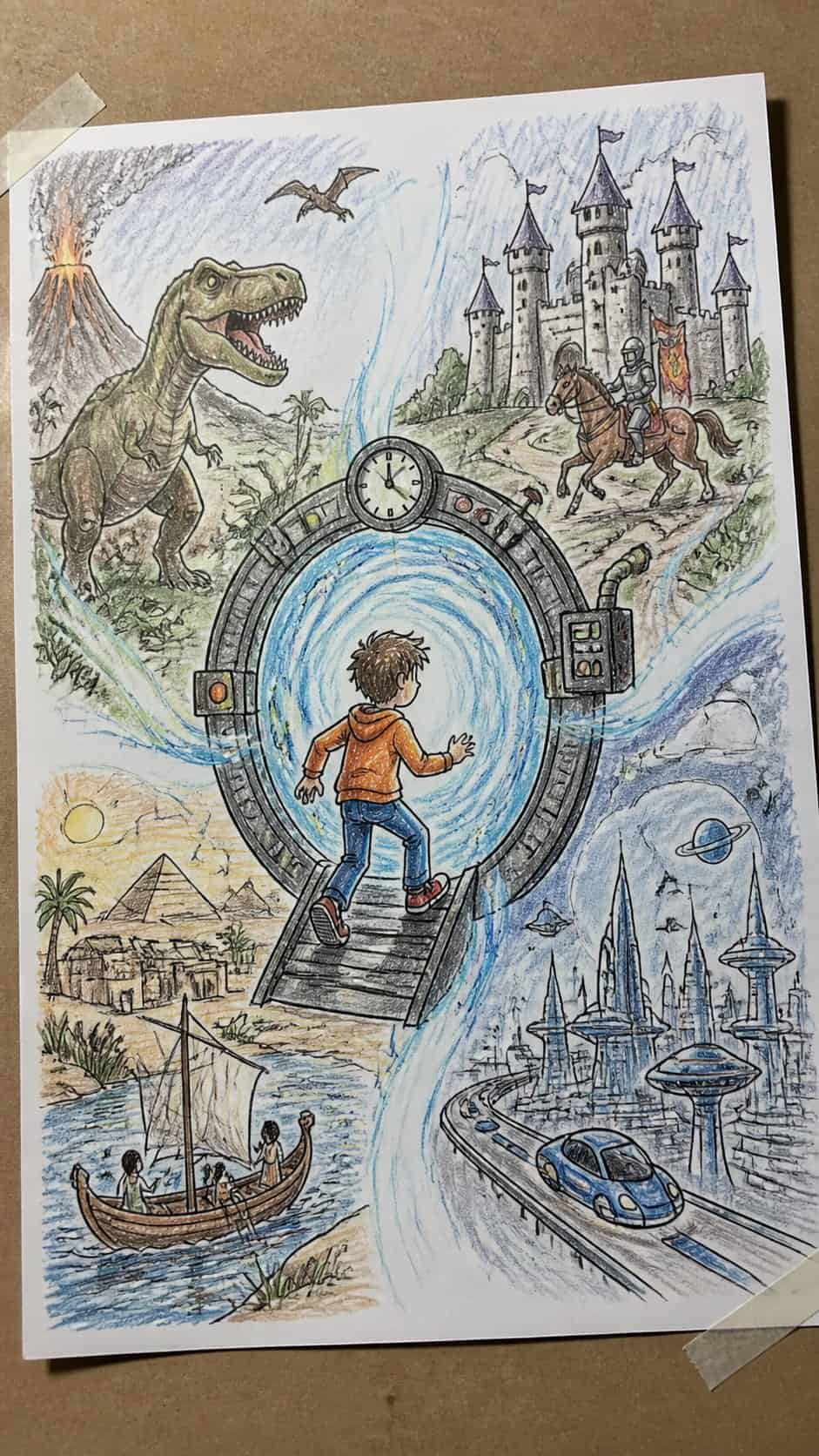 Discover the 15 Drawing Ideas Guaranteed to Unlock Your Child's Inner Picasso 28 Hand-drawn time-traveling adventure in colored-pencil drawing on textured paper, shown in a straight overhead view — study 2