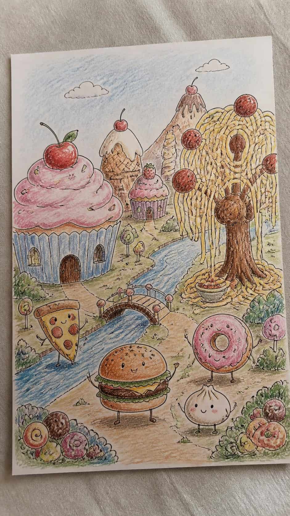 Discover the 15 Drawing Ideas Guaranteed to Unlock Your Child's Inner Picasso 29 Hand-drawn food fantasy world in colored-pencil drawing on textured paper, shown in a gentle oblique desk view that shows paper tooth — study 1
