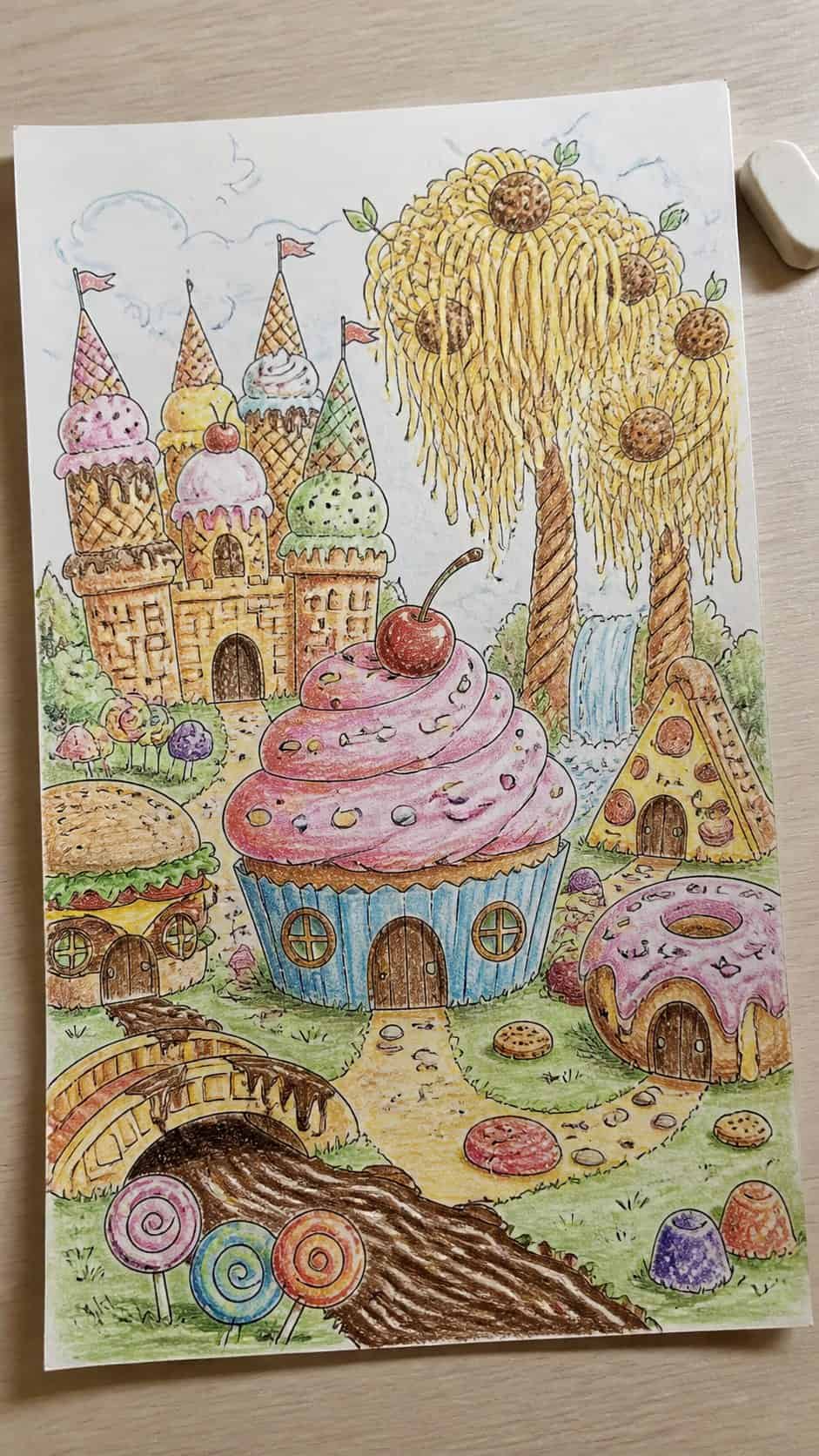 Discover the 15 Drawing Ideas Guaranteed to Unlock Your Child's Inner Picasso 30 Hand-drawn food fantasy world in colored-pencil drawing on textured paper, shown in a close overhead crop — study 2