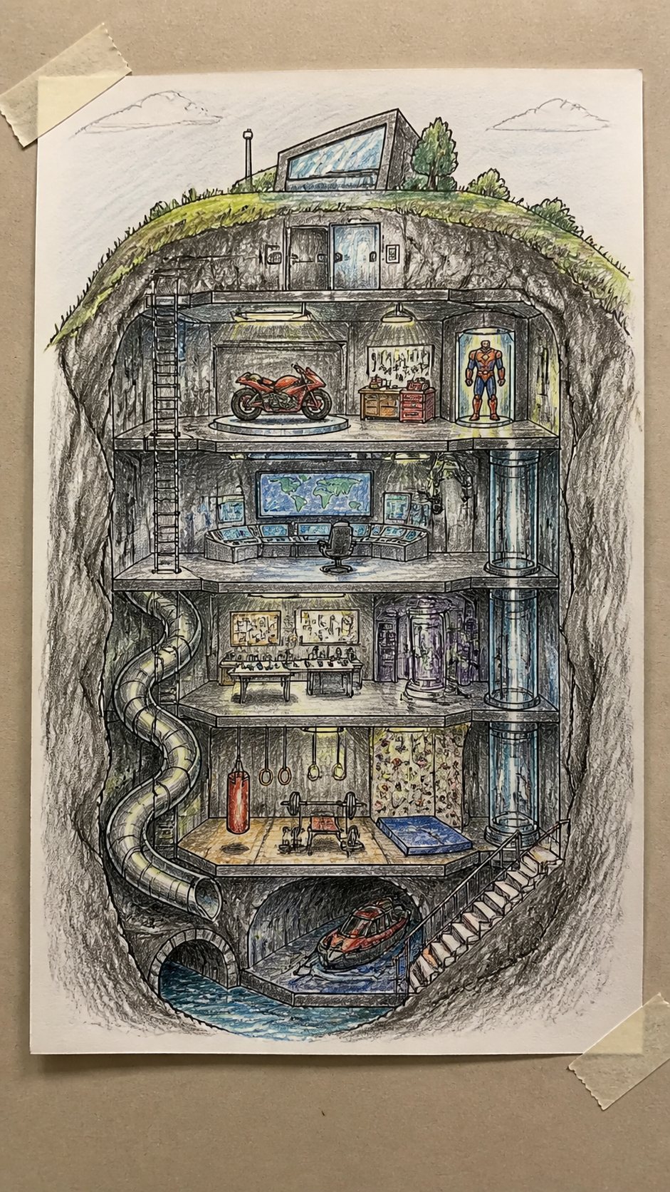 Discover the 15 Drawing Ideas Guaranteed to Unlock Your Child's Inner Picasso 33 Hand-drawn superhero hideout in colored-pencil drawing on textured paper, shown in a straight overhead view — study 1