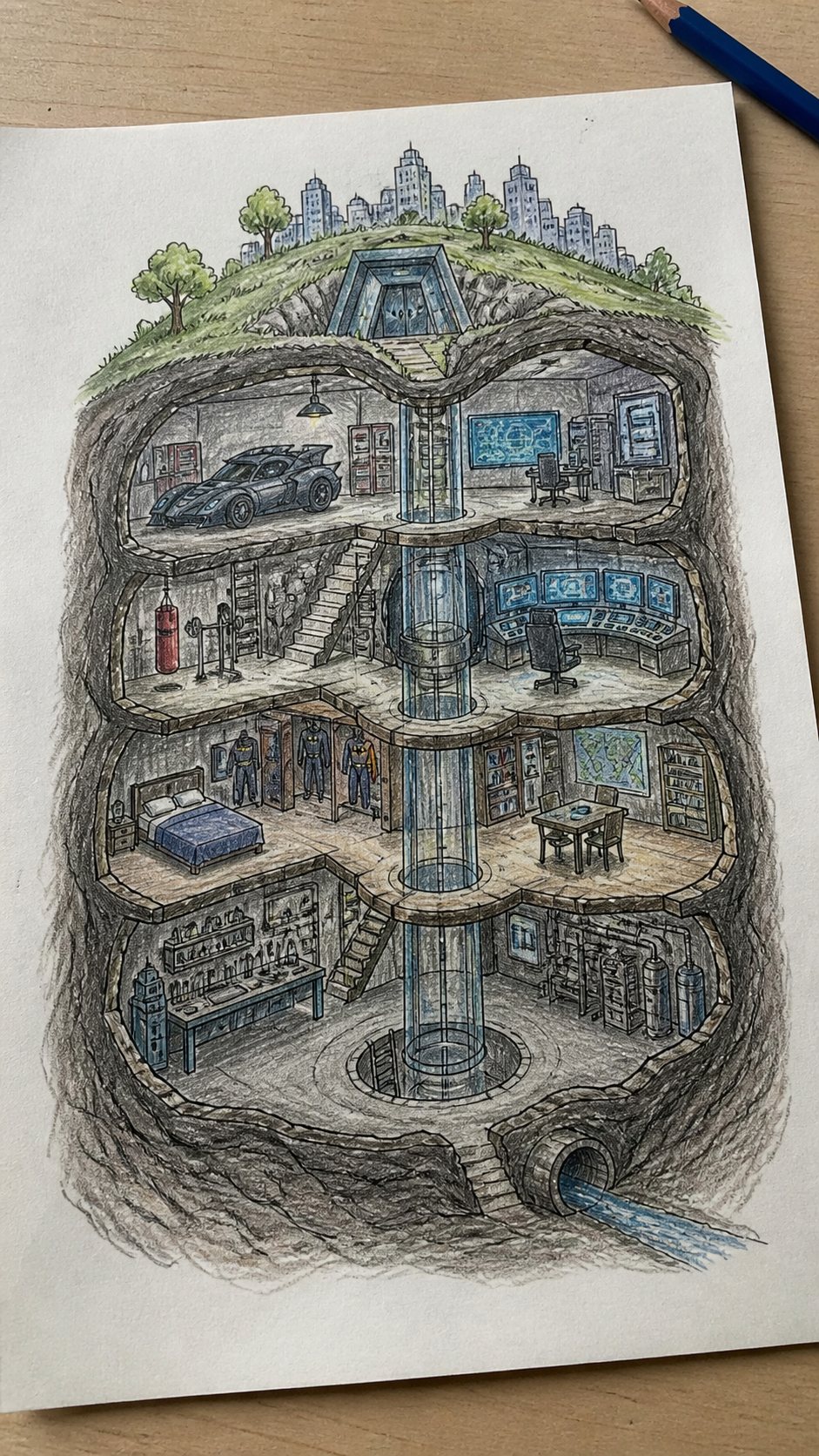 Discover the 15 Drawing Ideas Guaranteed to Unlock Your Child's Inner Picasso 34 Hand-drawn superhero hideout in colored-pencil drawing on textured paper, shown in a gentle oblique desk view that shows paper tooth — study 2