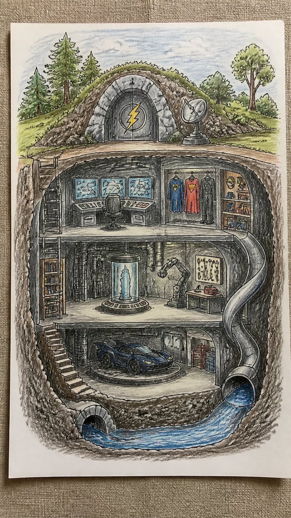 Discover the 15 Drawing Ideas Guaranteed to Unlock Your Child's Inner Picasso 35 Hand-drawn superhero hideout in colored-pencil drawing on textured paper, shown in a close overhead crop — study 3