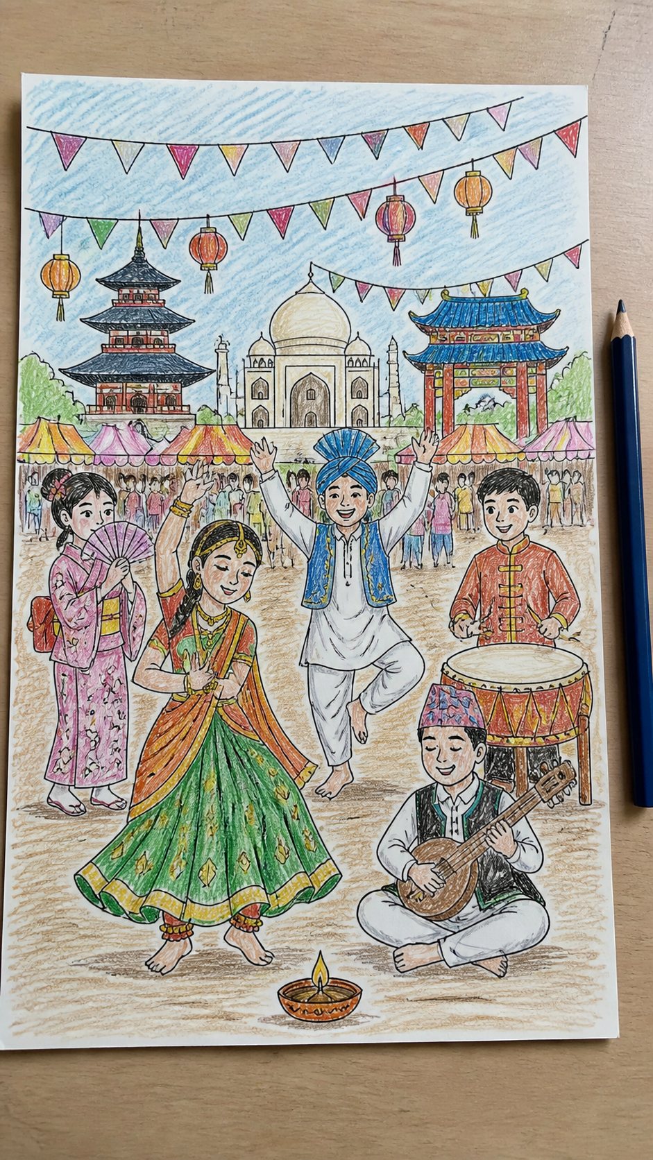 Discover the 15 Drawing Ideas Guaranteed to Unlock Your Child's Inner Picasso 36 Hand-drawn cultural festival in colored-pencil drawing on textured paper, shown in a straight overhead view — study 1