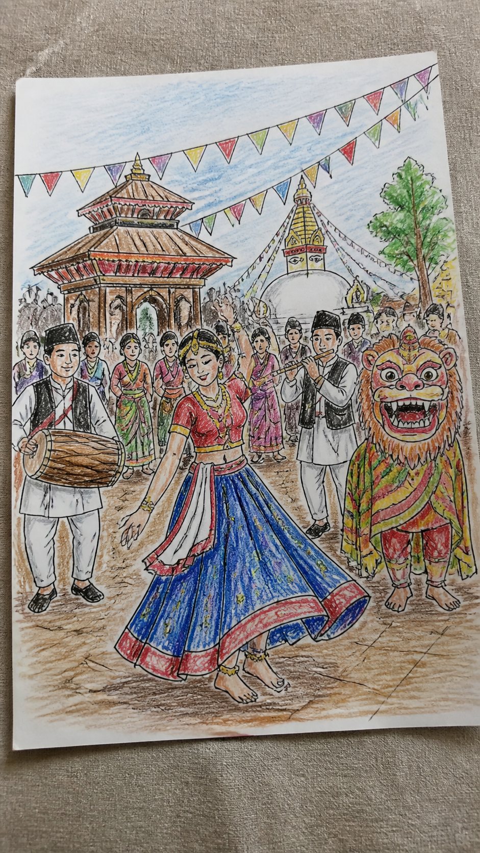 Discover the 15 Drawing Ideas Guaranteed to Unlock Your Child's Inner Picasso 37 Hand-drawn cultural festival in colored-pencil drawing on textured paper, shown in a gentle oblique desk view that shows paper tooth — study 2