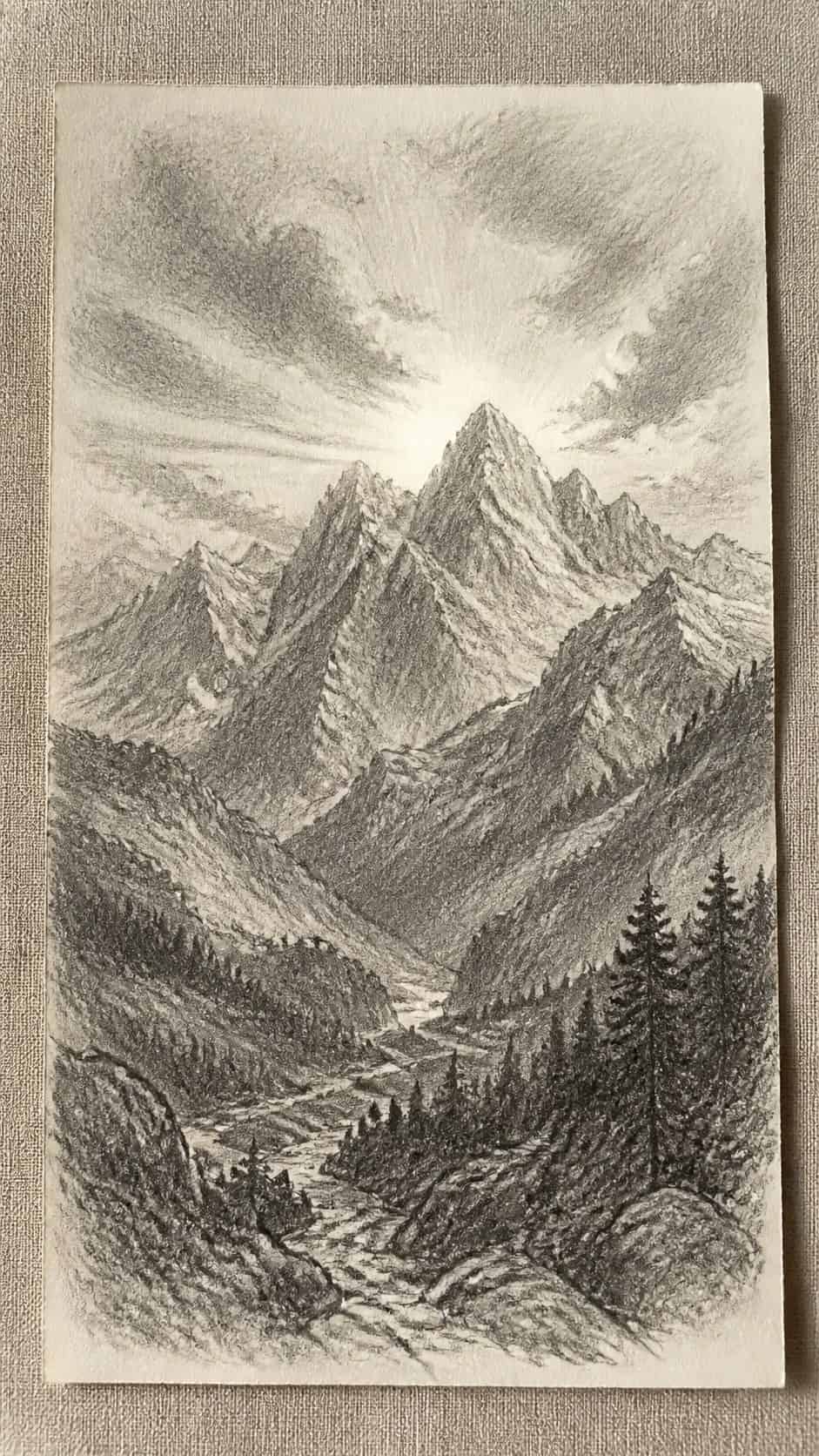 17 Nature Drawing Concepts to Inspire Your Next Sketch 4 Hand-drawn majestic mountain range in graphite drawing on textured paper, shown in a straight overhead view — study 1
