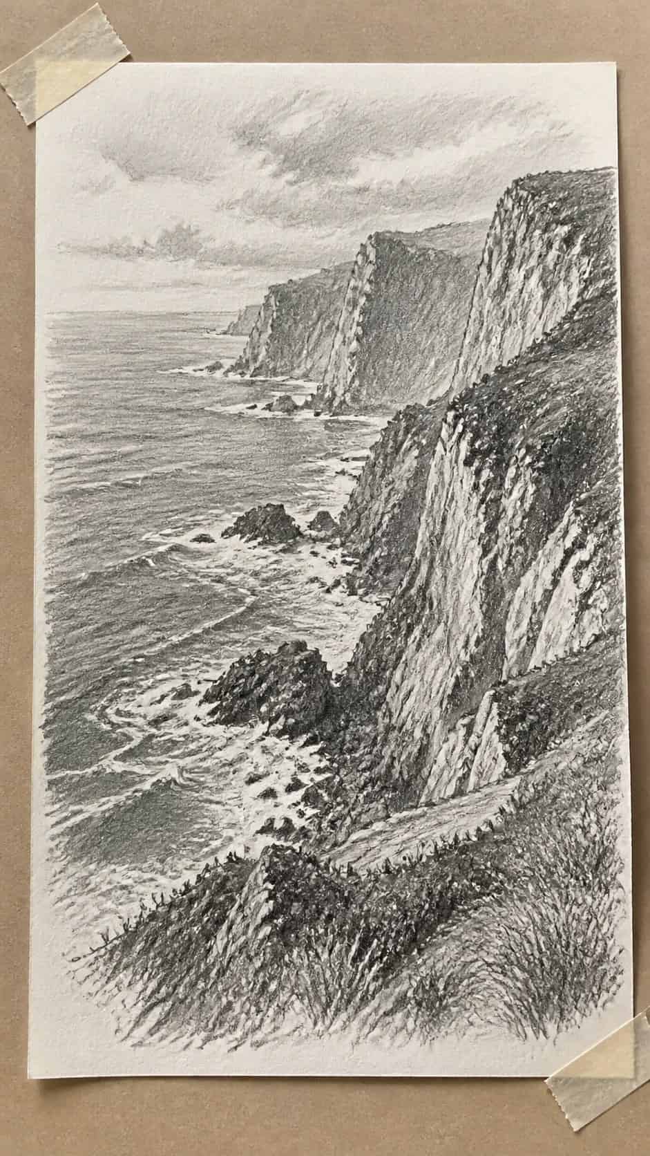 17 Nature Drawing Concepts to Inspire Your Next Sketch 15 Hand-drawn coastal cliffside in graphite drawing on textured paper, shown in a slightly off-center overhead composition, like an — study 2