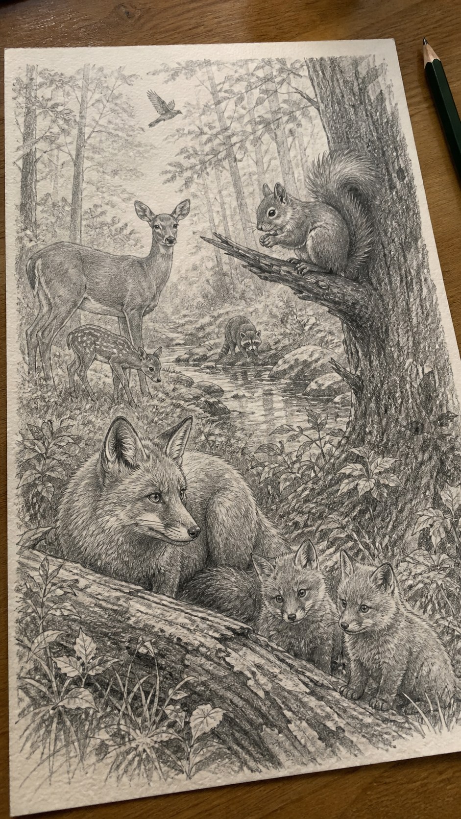 17 Nature Drawing Concepts to Inspire Your Next Sketch 30 Hand-drawn forest wildlife in graphite drawing on textured paper, shown in a gentle oblique desk view that shows paper tooth and — study 1