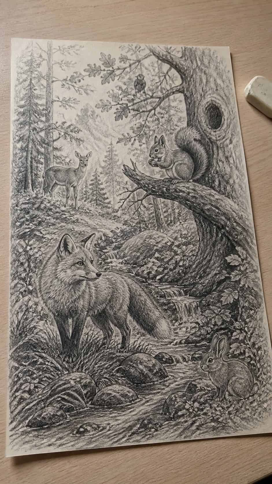 17 Nature Drawing Concepts to Inspire Your Next Sketch 32 Hand-drawn forest wildlife in graphite drawing on textured paper, shown in a slightly off-center overhead composition, like an artist — study 3