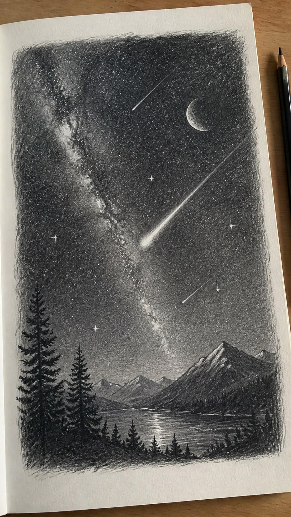 17 Nature Drawing Concepts to Inspire Your Next Sketch 33 Hand-drawn night sky in graphite drawing on textured paper, shown in a slightly off-center overhead composition, like an artist — study 1