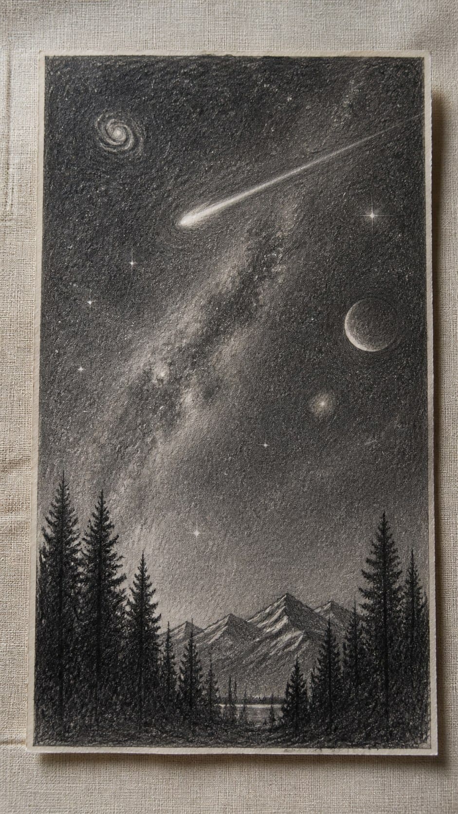 17 Nature Drawing Concepts to Inspire Your Next Sketch 34 Hand-drawn night sky in graphite drawing on textured paper, shown in a straight overhead view — study 2