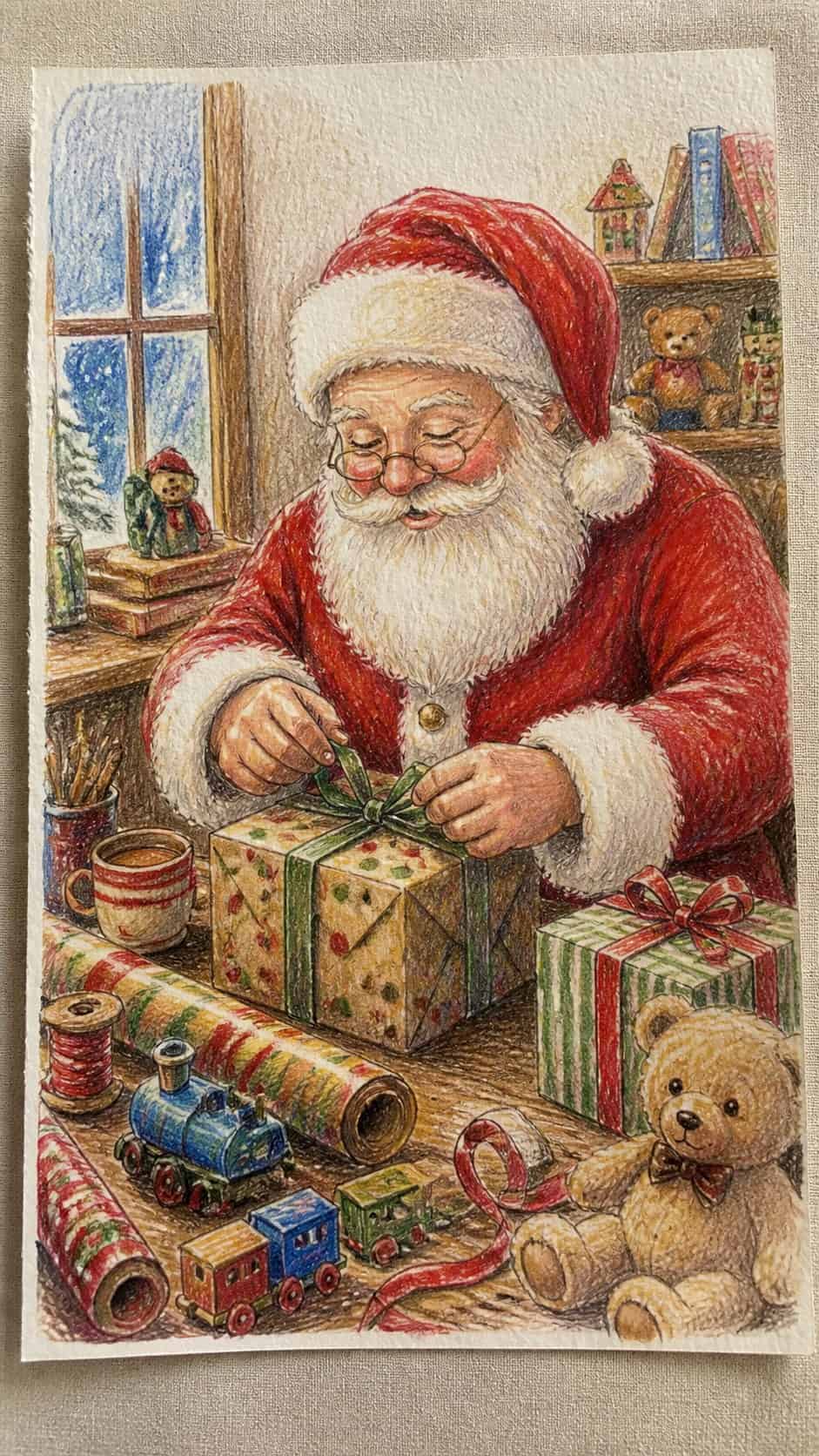 15 Christmas Drawing Ideas to Try This Holiday Season 6 Hand-drawn jolly santa preparing gifts in colored-pencil and gouache drawing on textured paper, shown in a close overhead crop — study 1
