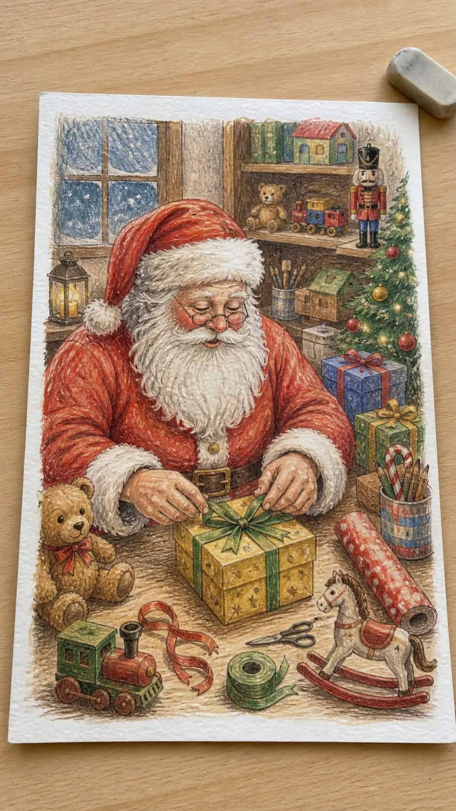 15 Christmas Drawing Ideas to Try This Holiday Season 7 Hand-drawn jolly santa preparing gifts in colored-pencil and gouache drawing on textured paper, shown in a slightly off-center — study 2
