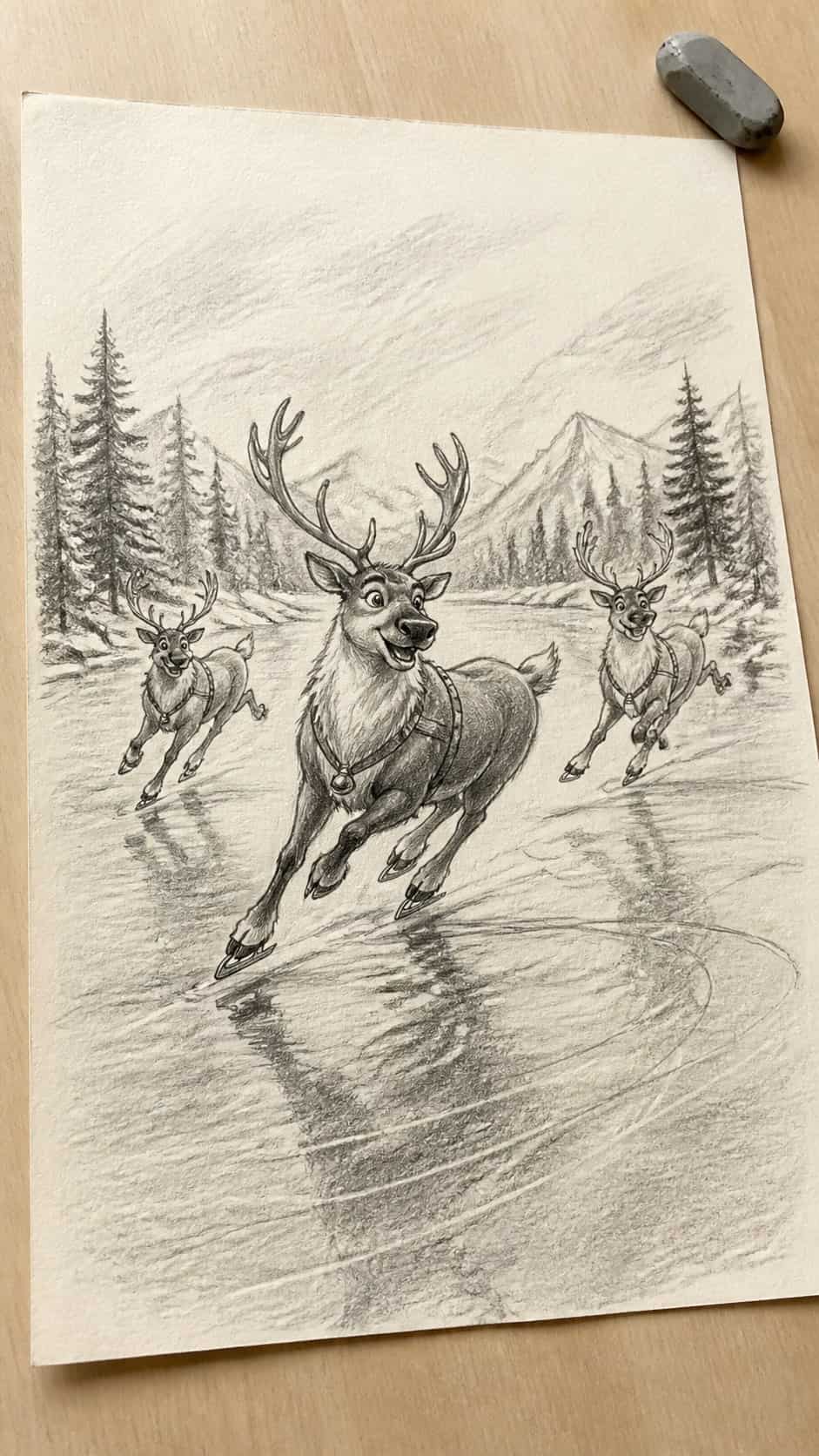 15 Christmas Drawing Ideas to Try This Holiday Season 15 Hand-drawn playful reindeer on ice in graphite drawing on textured paper, shown in a gentle oblique desk view that shows paper tooth — study 3