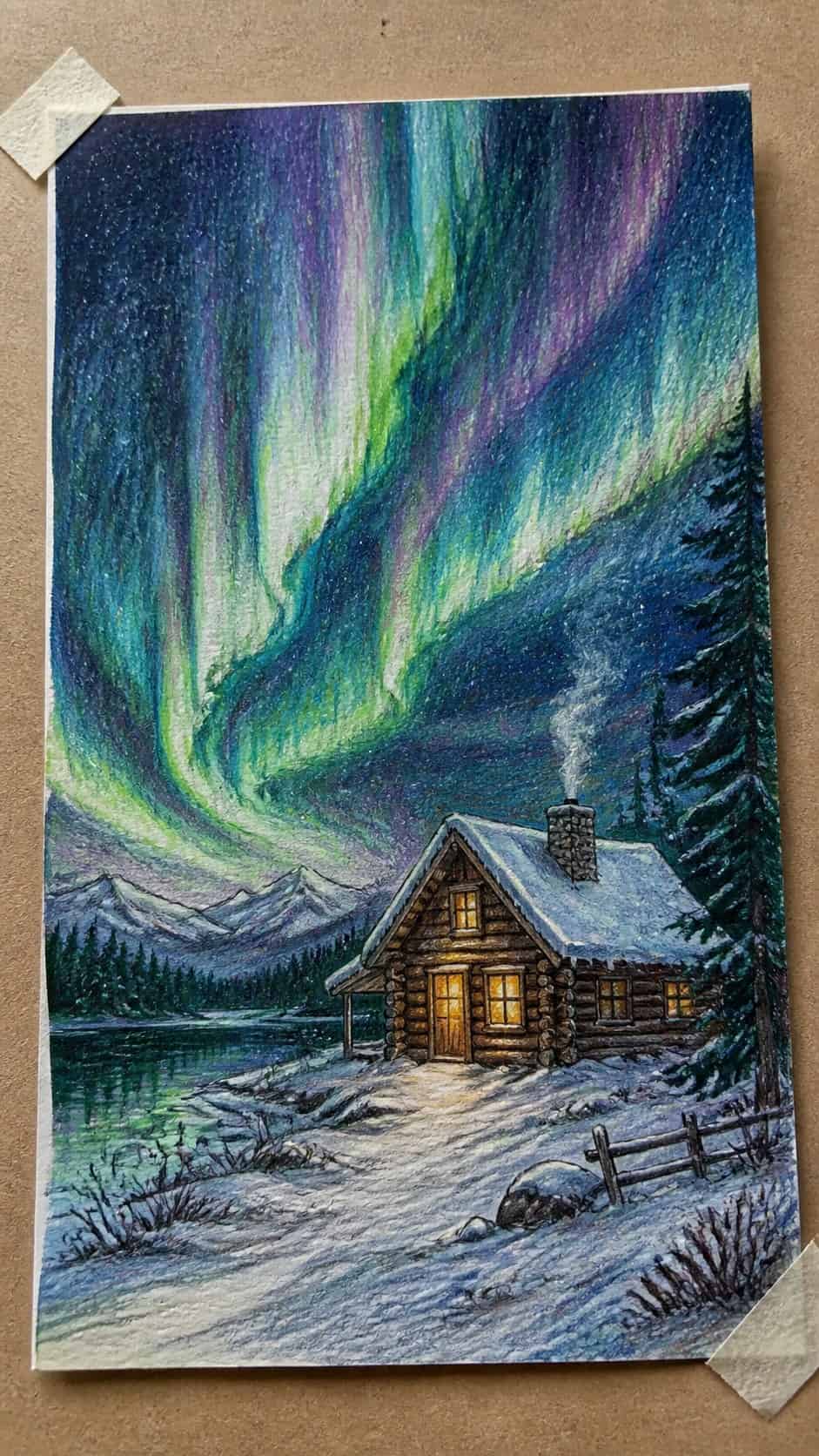 15 Christmas Drawing Ideas to Try This Holiday Season 22 Hand-drawn magical northern lights over a cabin in colored-pencil and gouache drawing on textured paper, shown in a close overhead crop — study 2