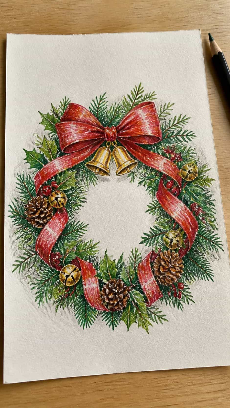 15 Christmas Drawing Ideas to Try This Holiday Season 25 Hand-drawn festive holiday wreath in colored-pencil and gouache drawing on textured paper, shown in a slightly off-center overhead — study 1