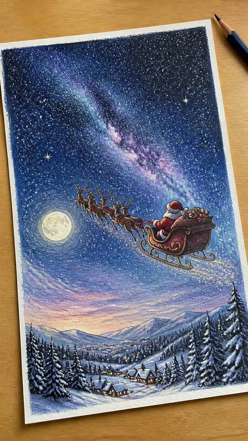 15 Christmas Drawing Ideas to Try This Holiday Season 28 Hand-drawn sleigh ride across a starry sky in colored-pencil and gouache drawing on textured paper, shown in a gentle oblique desk — study 2
