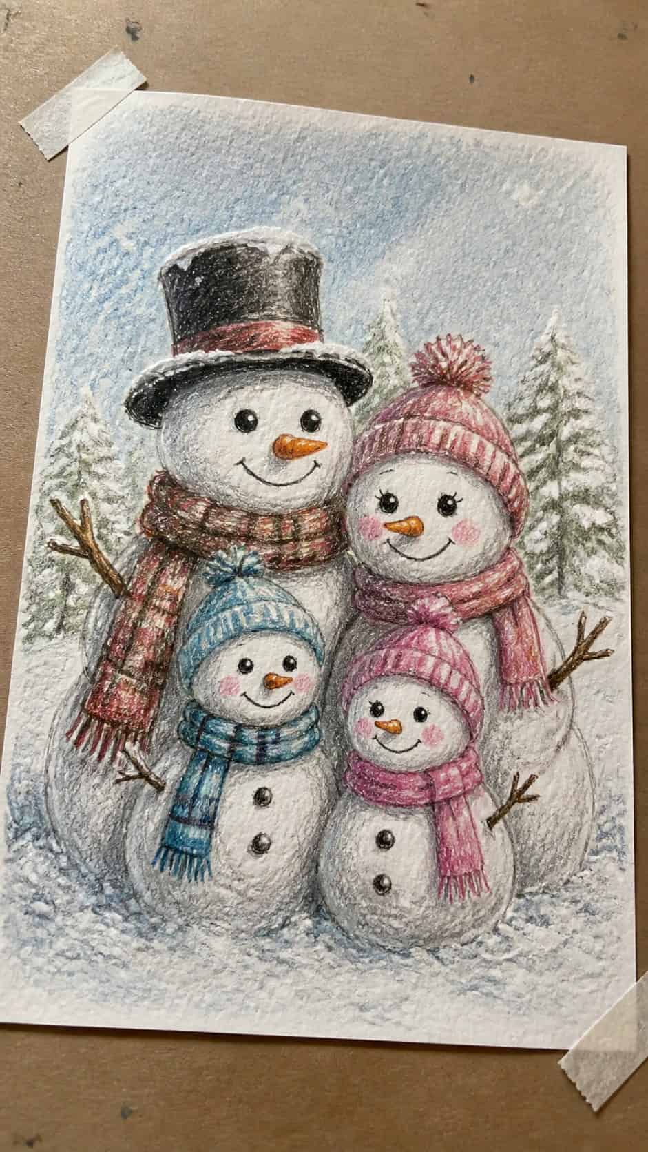 15 Christmas Drawing Ideas to Try This Holiday Season 29 Hand-drawn adorable snowman family in colored-pencil and gouache drawing on textured paper, shown in a gentle oblique desk view that — study 1