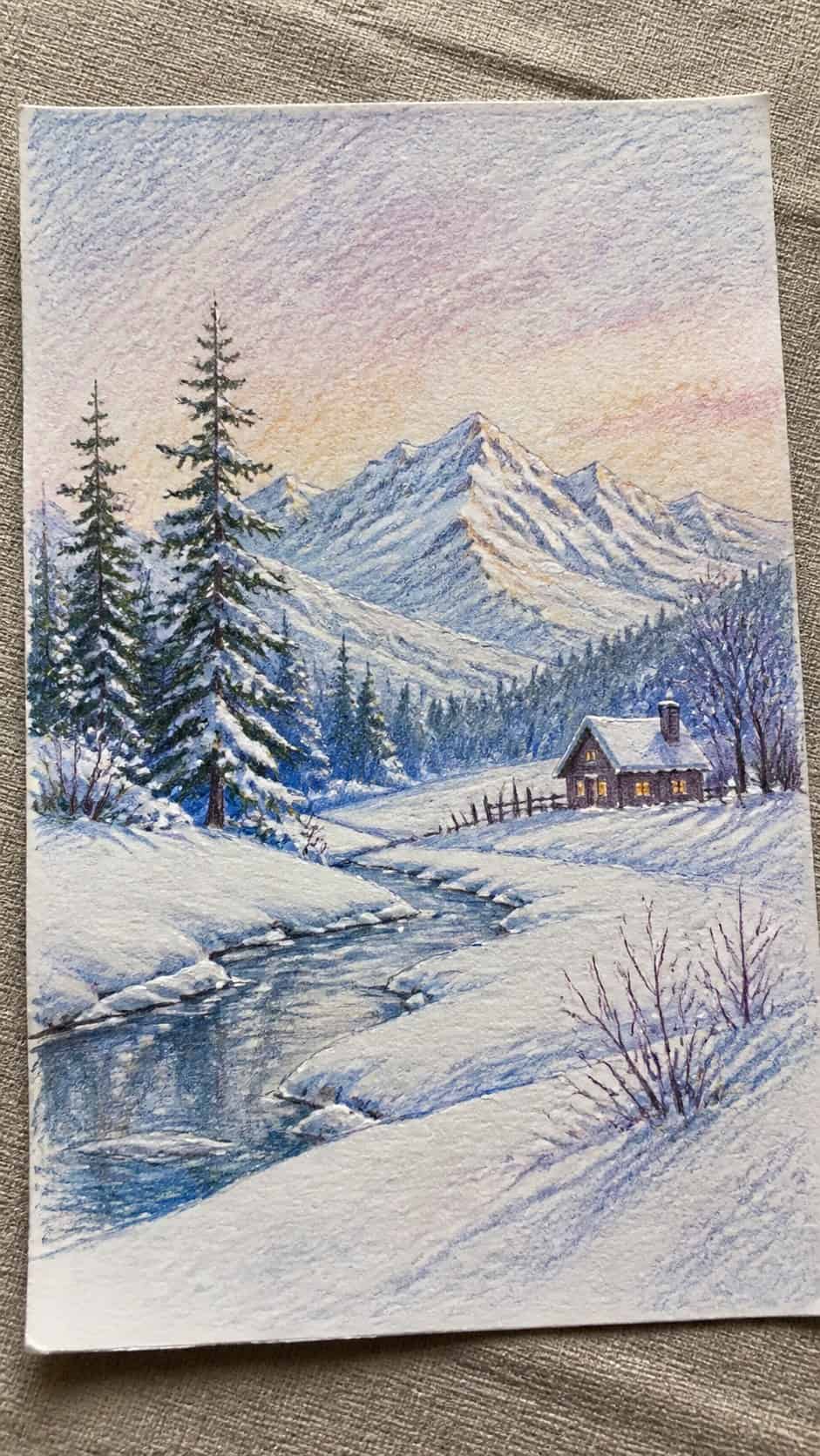 15 Christmas Drawing Ideas to Try This Holiday Season 36 Hand-drawn peaceful winter landscape in colored-pencil and gouache drawing on textured paper, shown in a gentle oblique desk view that — study 3