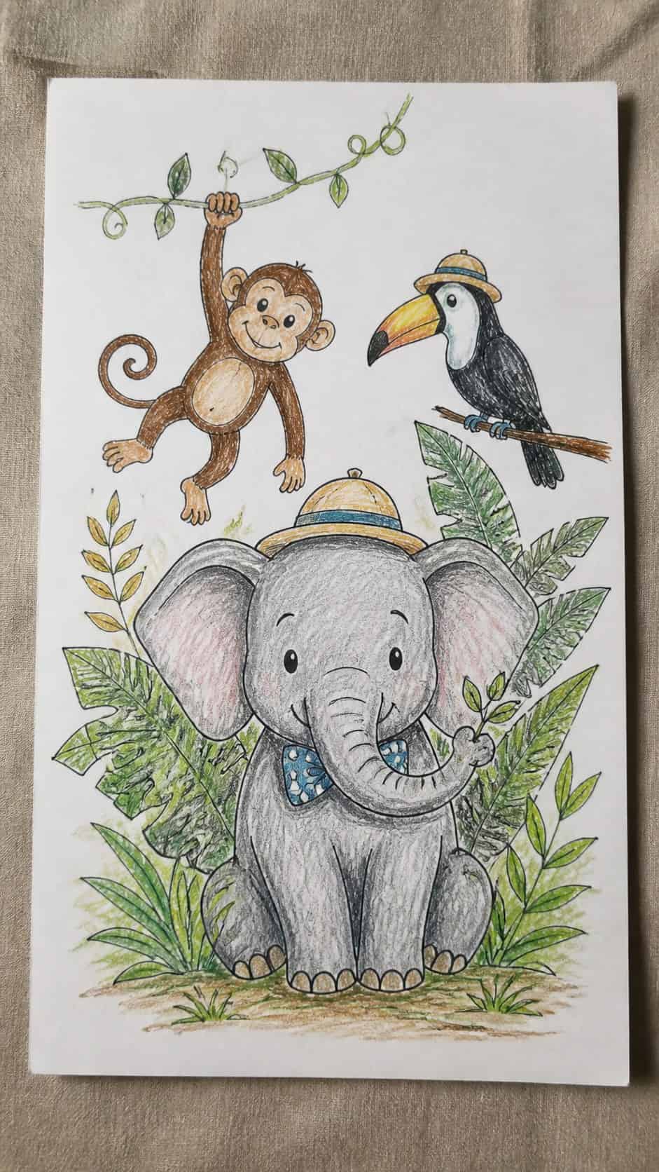 15 Easy Drawing Ideas That Keep Kids Entertained for Hours 2 Hand-drawn whimsical jungle animals in colored-pencil drawing on textured paper, shown in a slightly off-center overhead composition — study 1