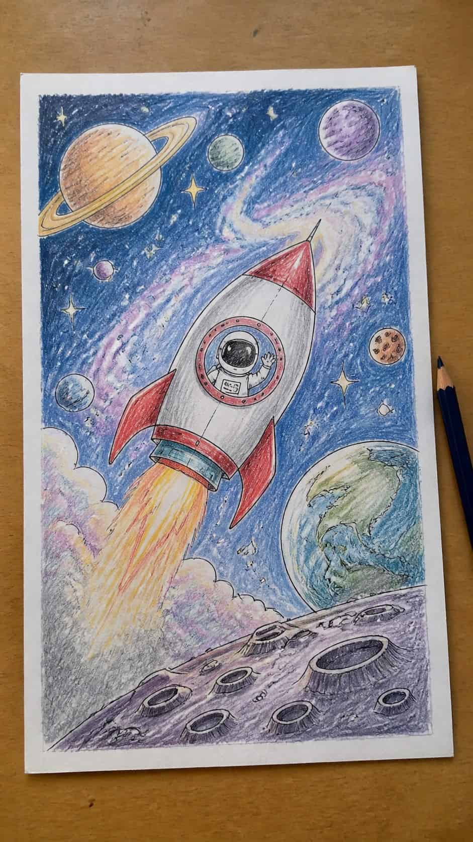 15 Easy Drawing Ideas That Keep Kids Entertained for Hours 7 Hand-drawn imaginary space adventures in colored-pencil drawing on textured paper, shown in a straight overhead view — study 2
