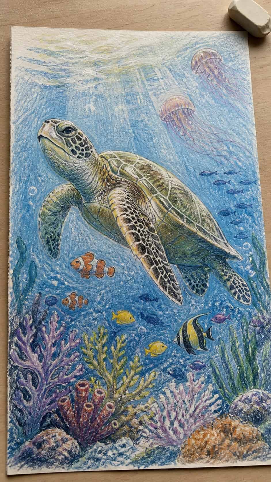15 Easy Drawing Ideas That Keep Kids Entertained for Hours 10 Hand-drawn fantastic sea life in colored-pencil and gouache drawing on textured paper, shown in a close overhead crop — study 3