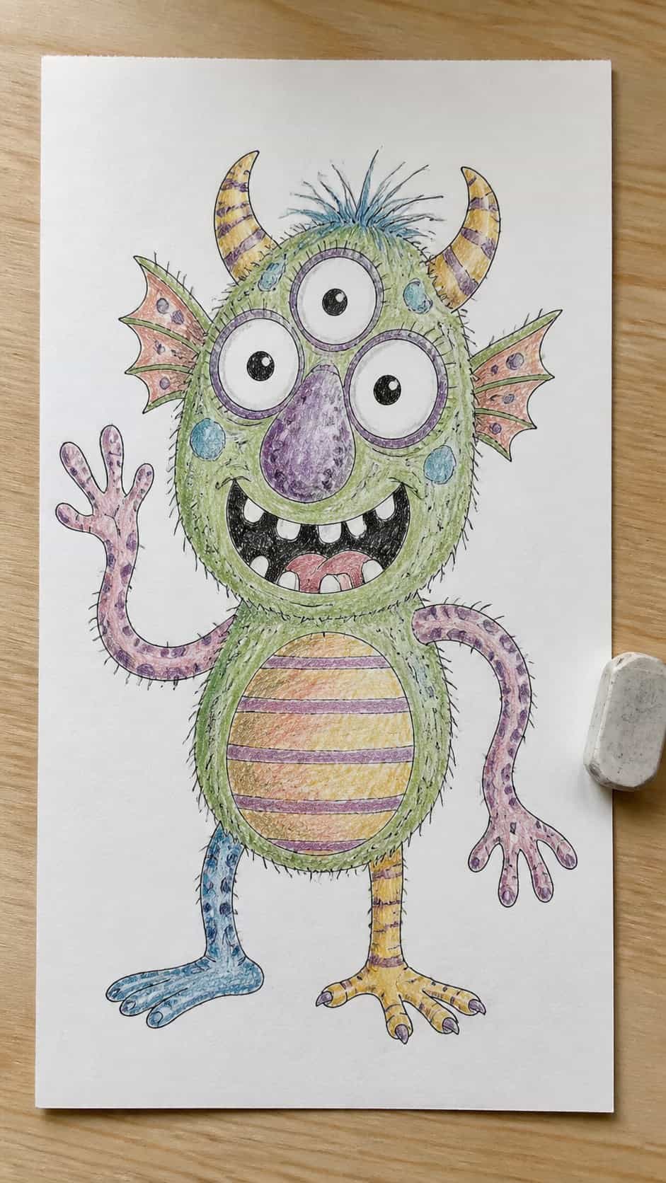 15 Easy Drawing Ideas That Keep Kids Entertained for Hours 12 Hand-drawn silly monster creations in ink and colored-pencil drawing on textured paper, shown in a straight overhead view — study 2