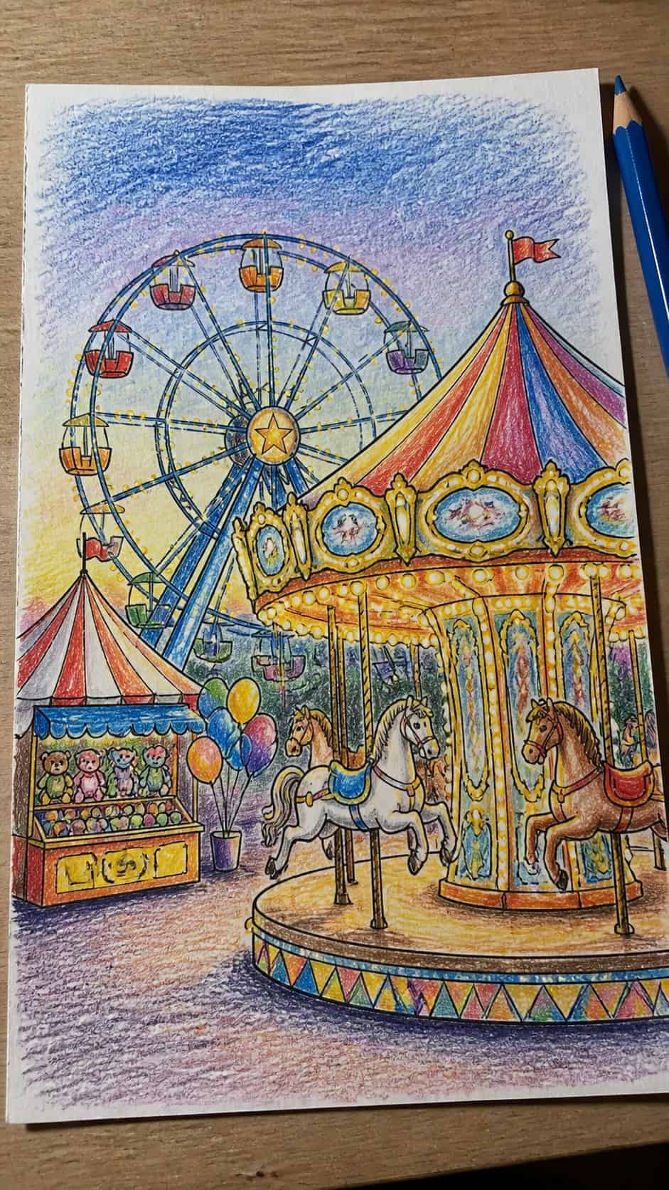 15 Easy Drawing Ideas That Keep Kids Entertained for Hours 21 Hand-drawn colorful carnival fun in colored-pencil drawing on textured paper, shown in a close overhead crop — study 1