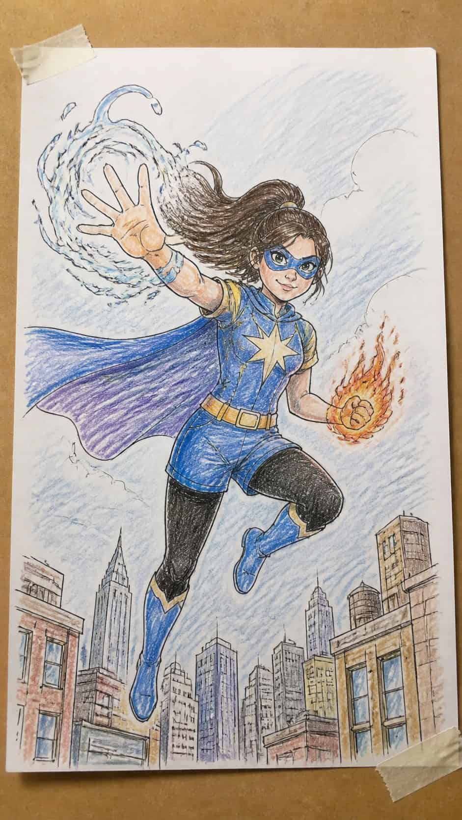 15 Easy Drawing Ideas That Keep Kids Entertained for Hours 26 Hand-drawn superhero stories in colored-pencil drawing on textured paper, shown in a close overhead crop — study 2