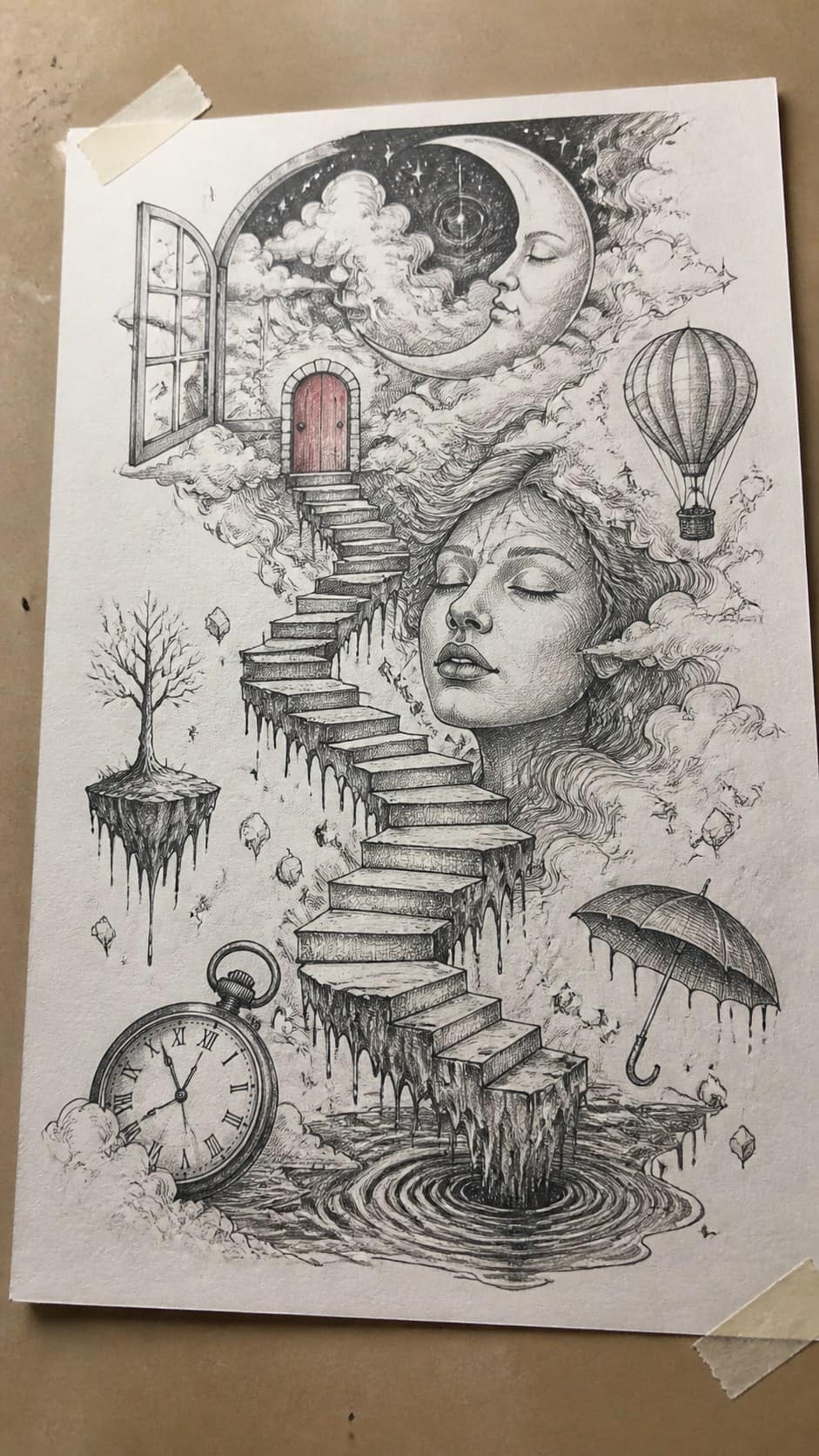Turn Ordinary into Extraordinary: 16 Unique Drawing Ideas 21 Hand-drawn dreamscapes in mixed-media hand drawing on textured paper, shown in a gentle oblique desk view that shows paper tooth and — study 3